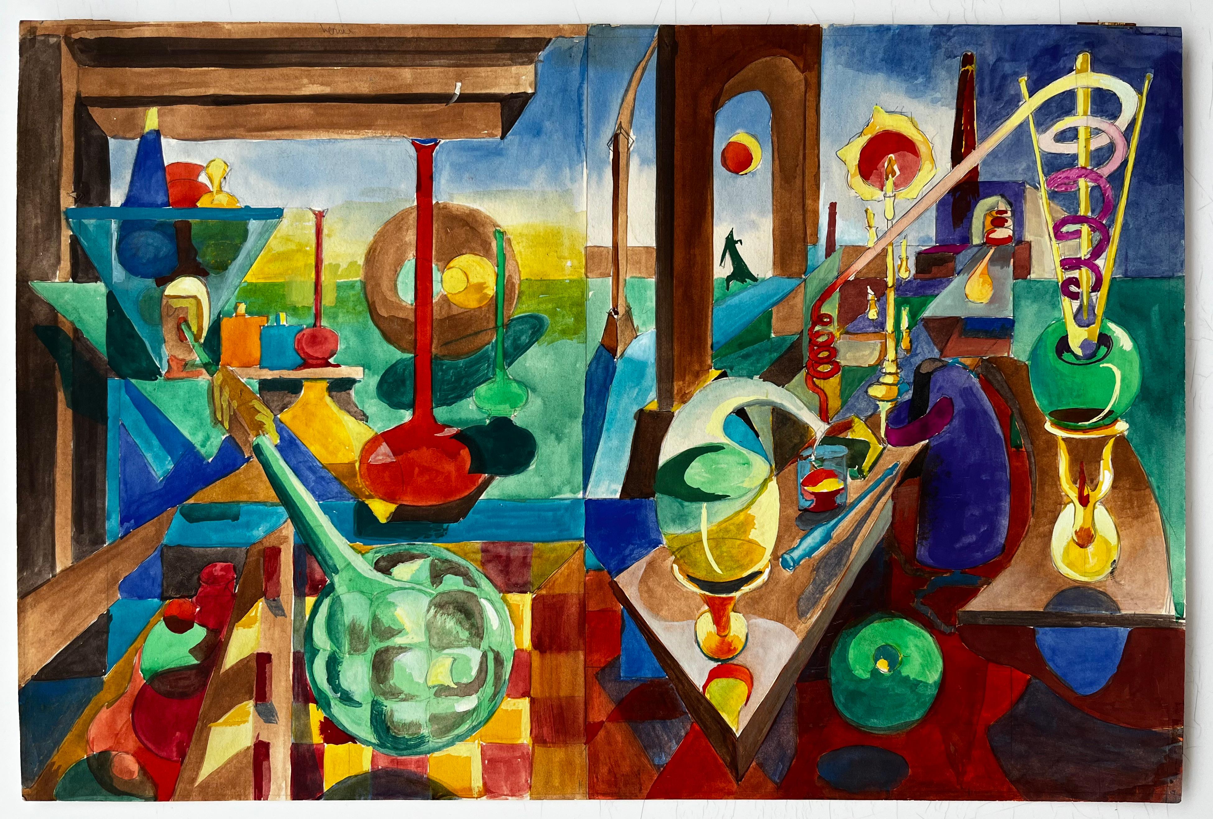 Nature morte cubiste avec bouteilles en verre, vases et intérieur architectural abstrait - Moderne Art par Guy Nicod
