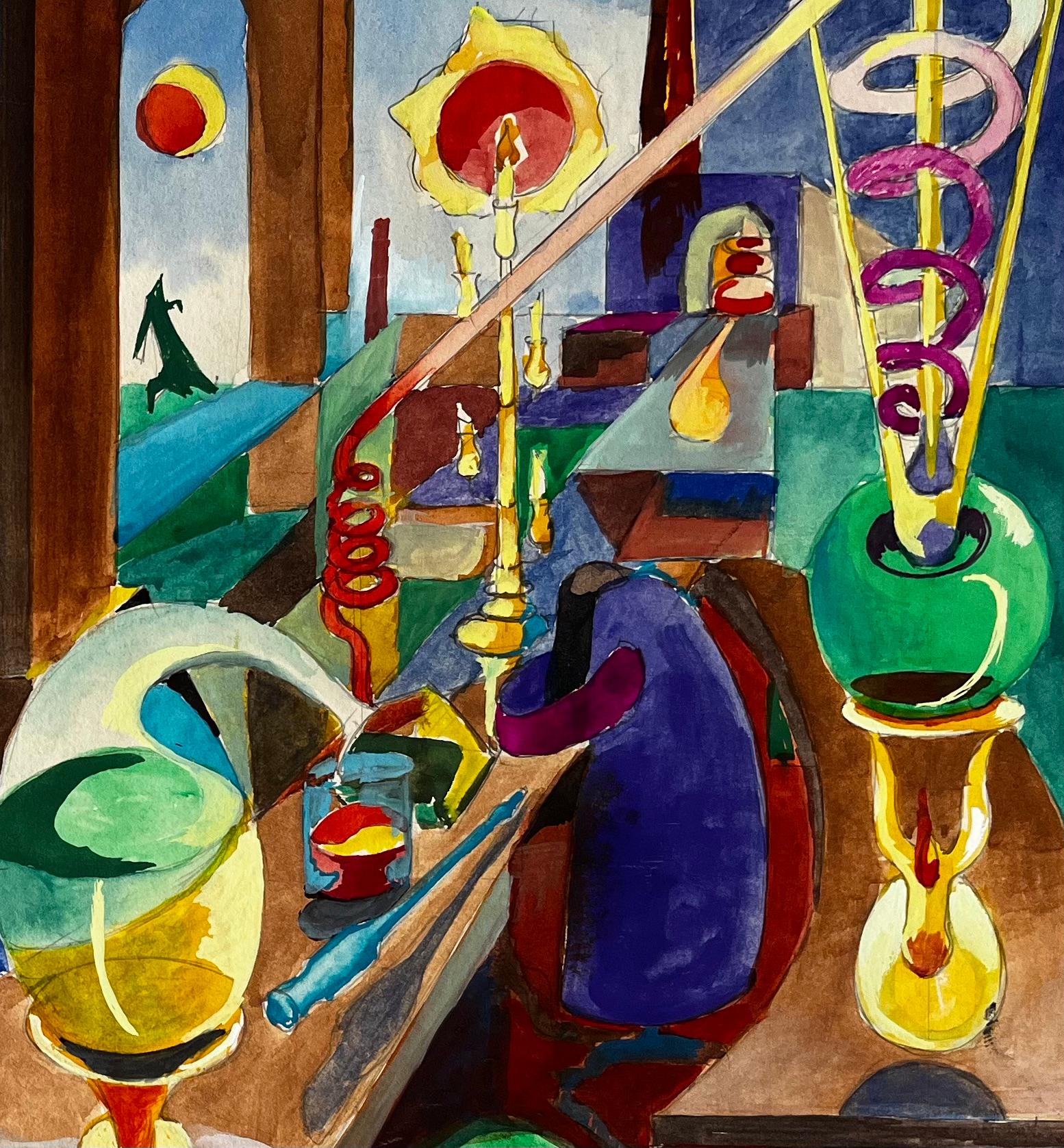 Nature morte cubiste avec bouteilles en verre, vases et intérieur architectural abstrait en vente 4