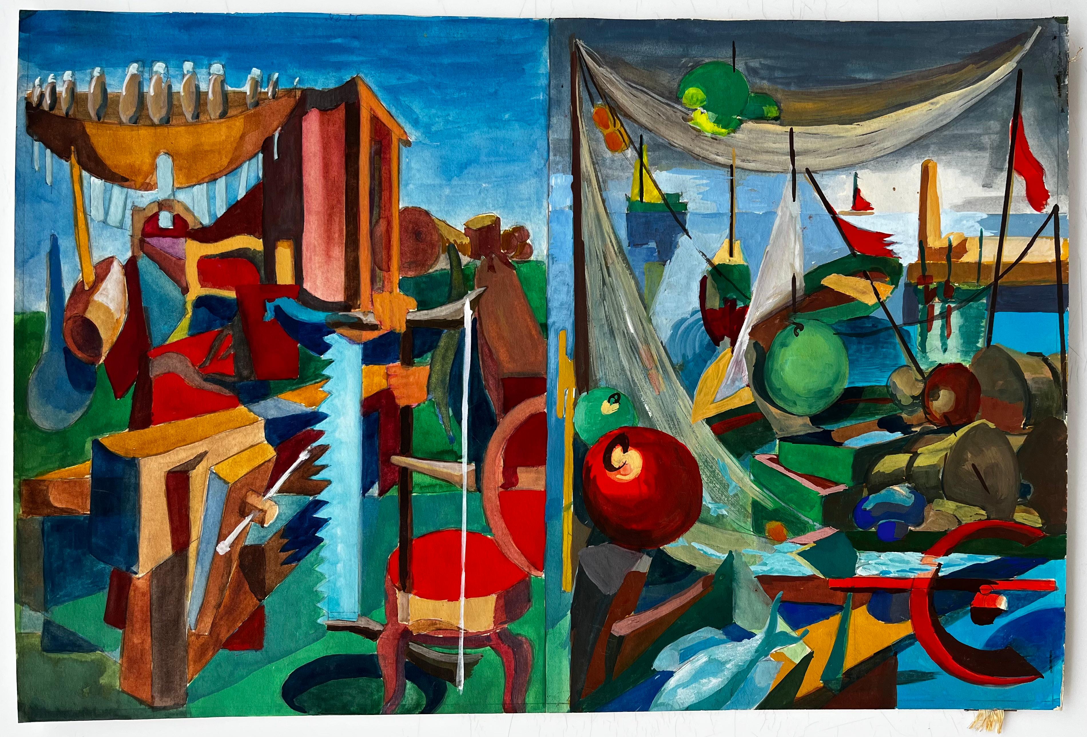 Scène portuaire cubiste avec bateaux, filets et matériel de pêche - Art de Guy Nicod