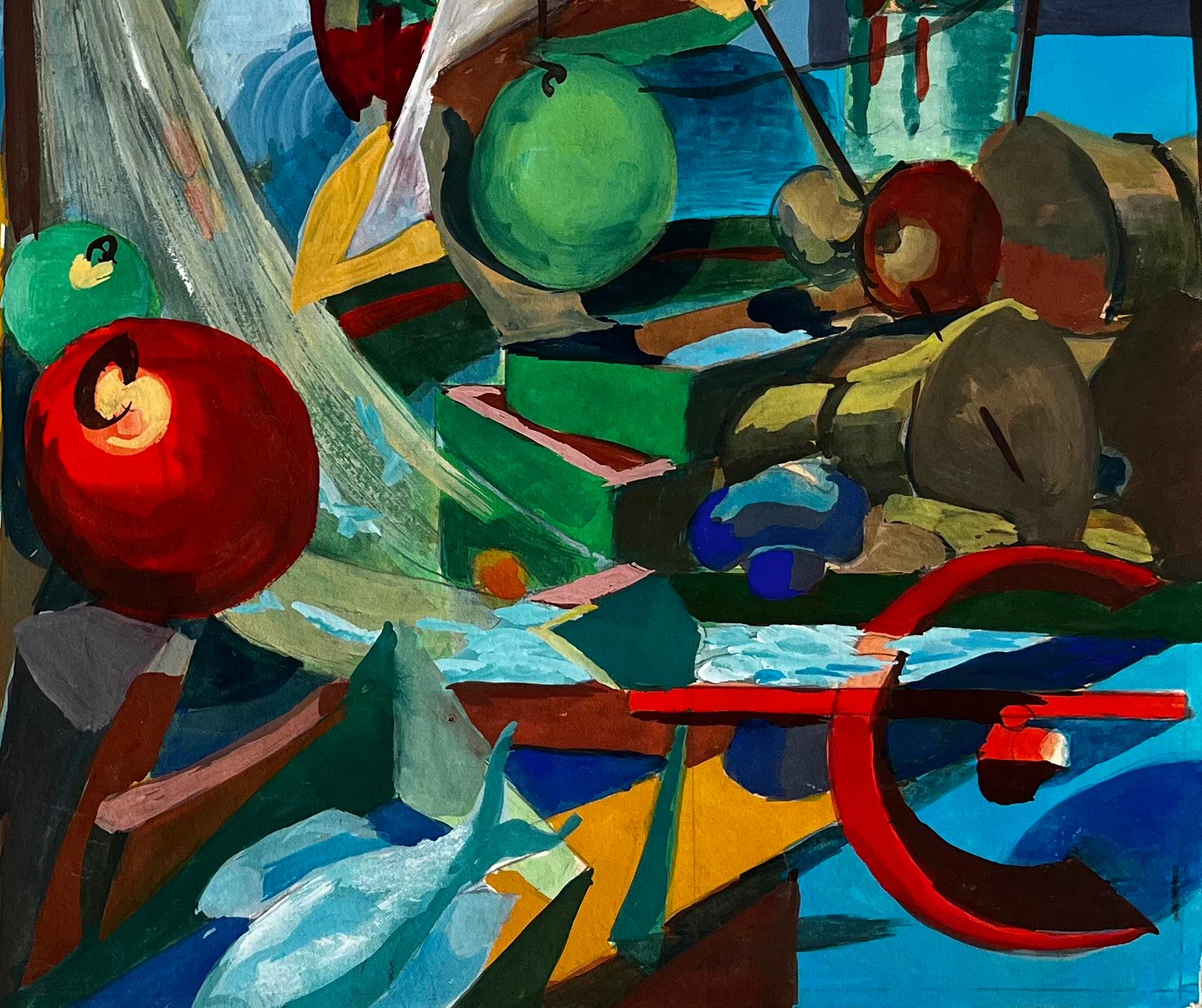 Scène portuaire cubiste avec bateaux, filets et matériel de pêche - Moderne Art par Guy Nicod