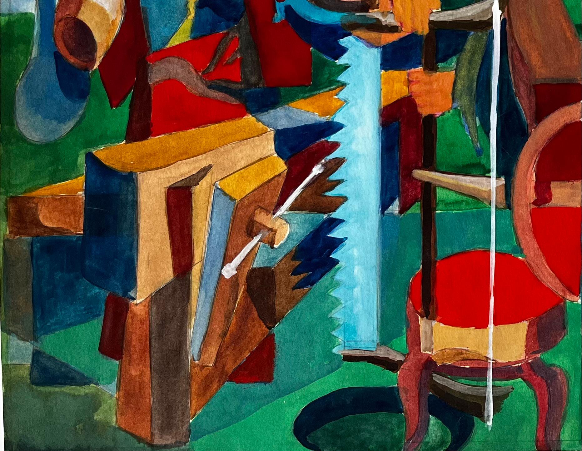 Scène portuaire cubiste avec bateaux, filets et matériel de pêche - Noir Landscape Art par Guy Nicod