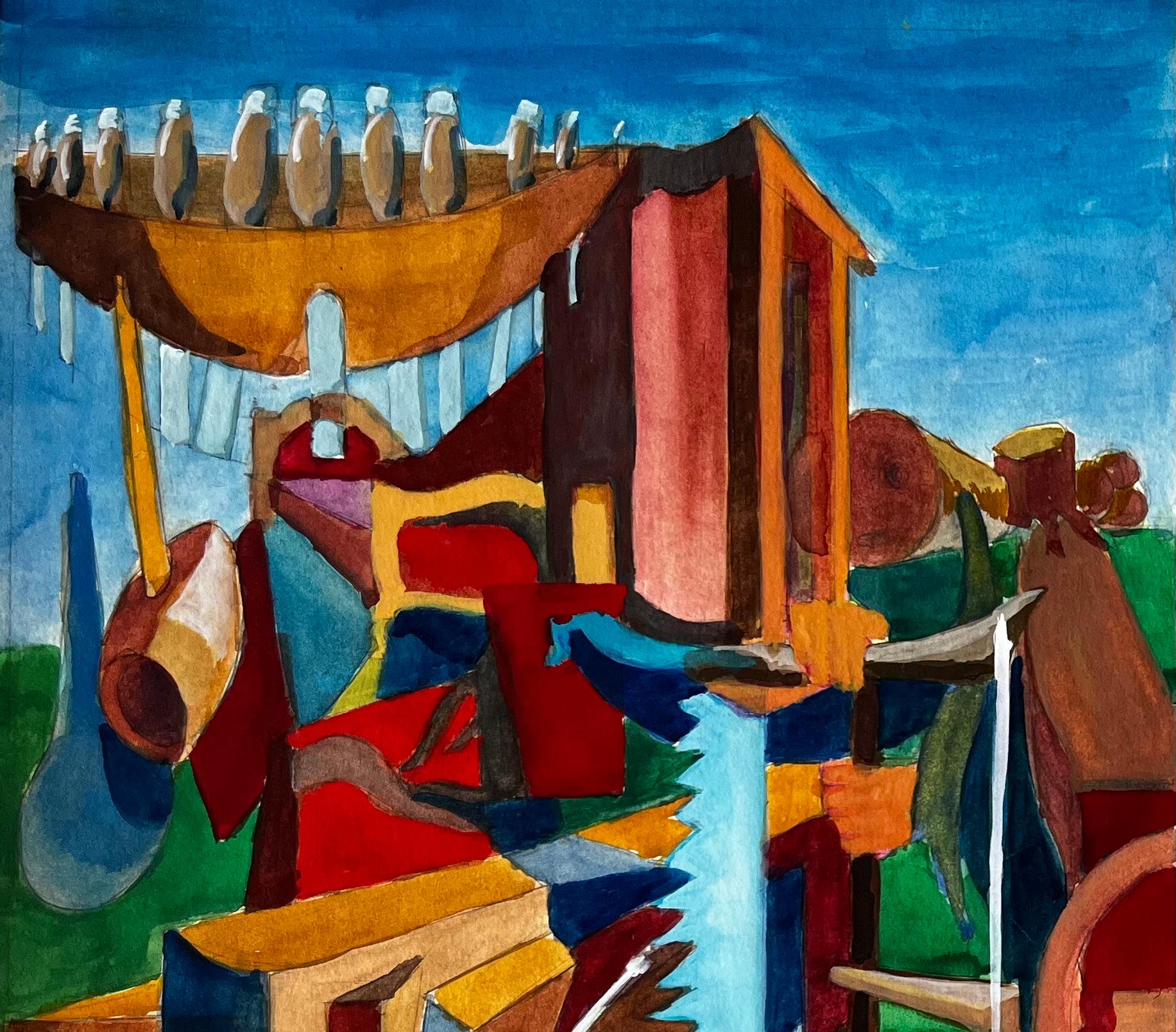 Titre : Scène de port cubiste avec bateaux, filets et équipement de pêche
Guy Nicod (français 1923 - 2021) 
Gouache sur papier d'artiste, non encadrée
Taille : 14.75 x 21.75 pouces (hauteur x largeur)
Provenance : Succession d'Artistics,