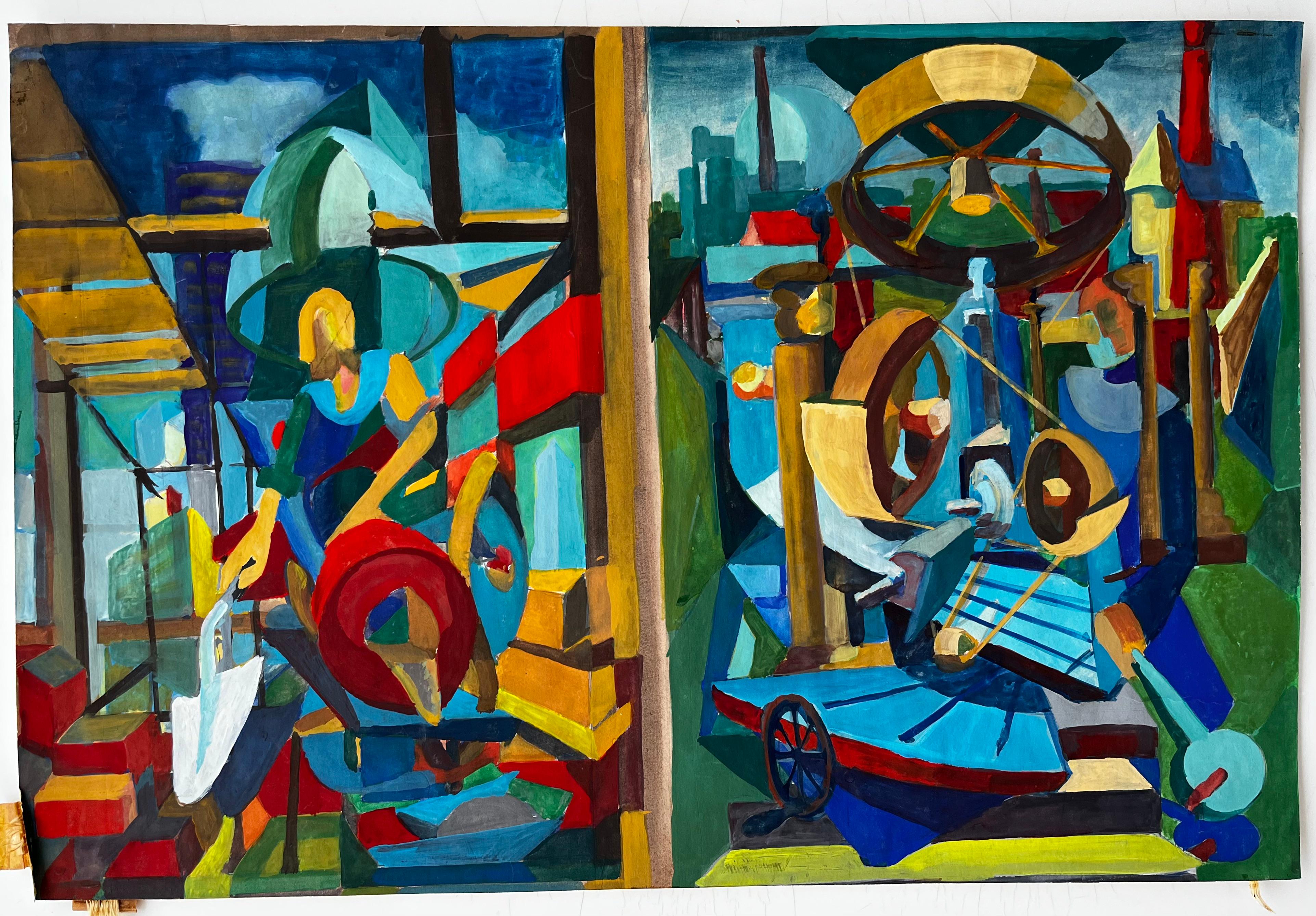Cubist Industrial Scene With Machinery And Factory Architecture - Art by Guy Nicod
