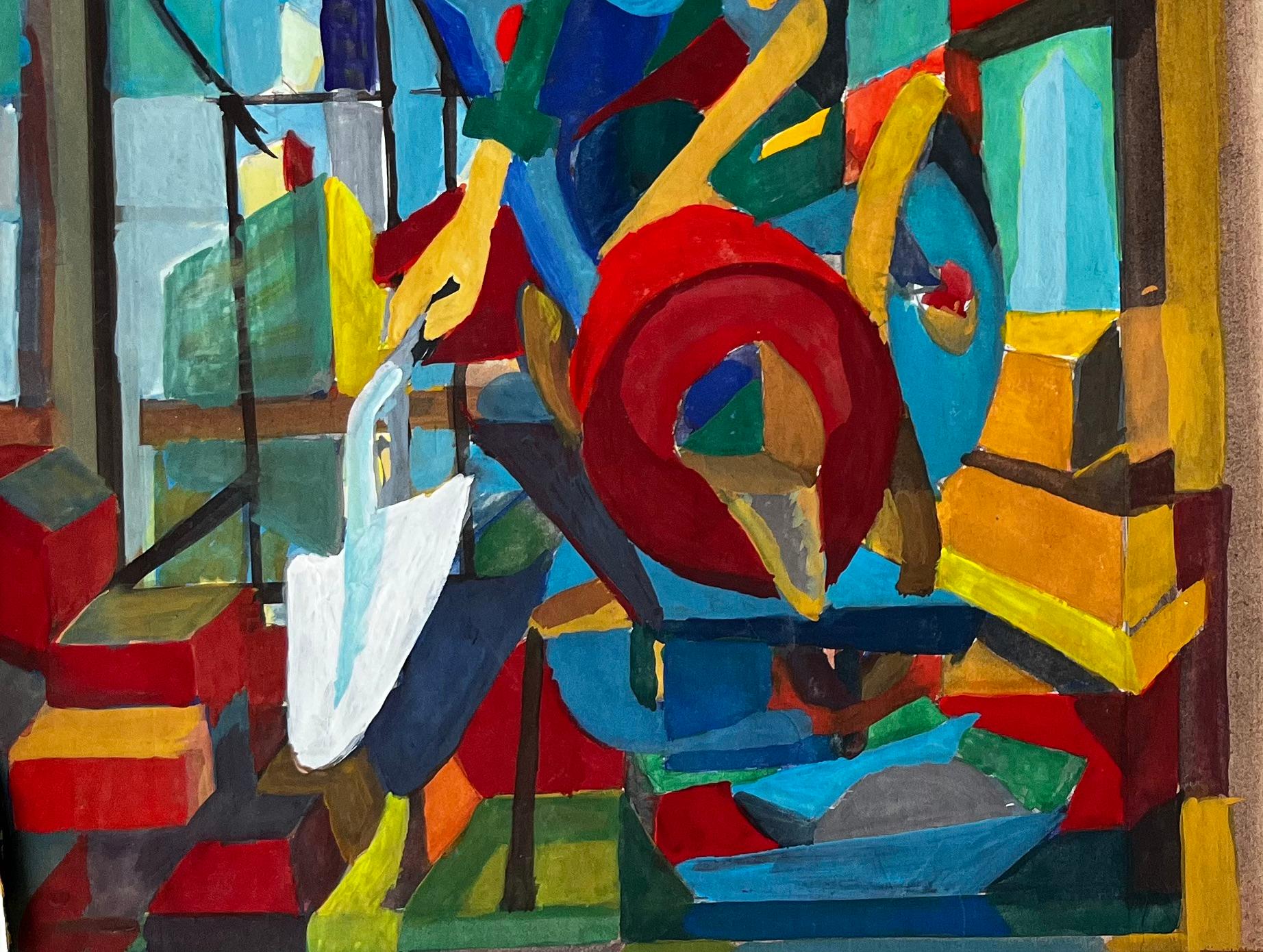 Cubist Industrial Scene With Machinery And Factory Architecture - Black Abstract Drawing by Guy Nicod