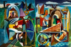 Vintage Cubist Landscape And Architectural Scene With Figures And Arches