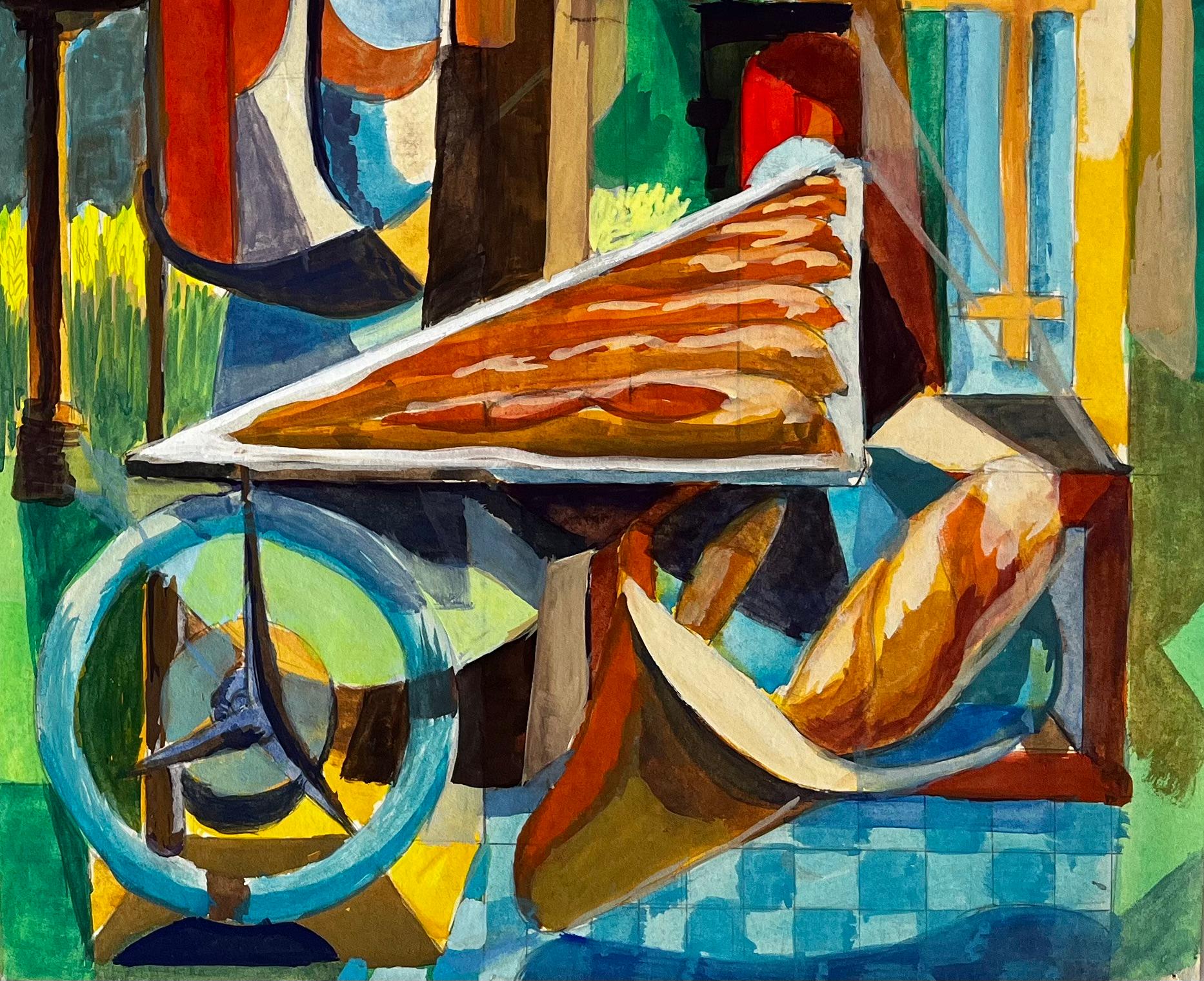 Paysage cubiste et scène architecturale avec figures et arcs - Moderne Art par Guy Nicod
