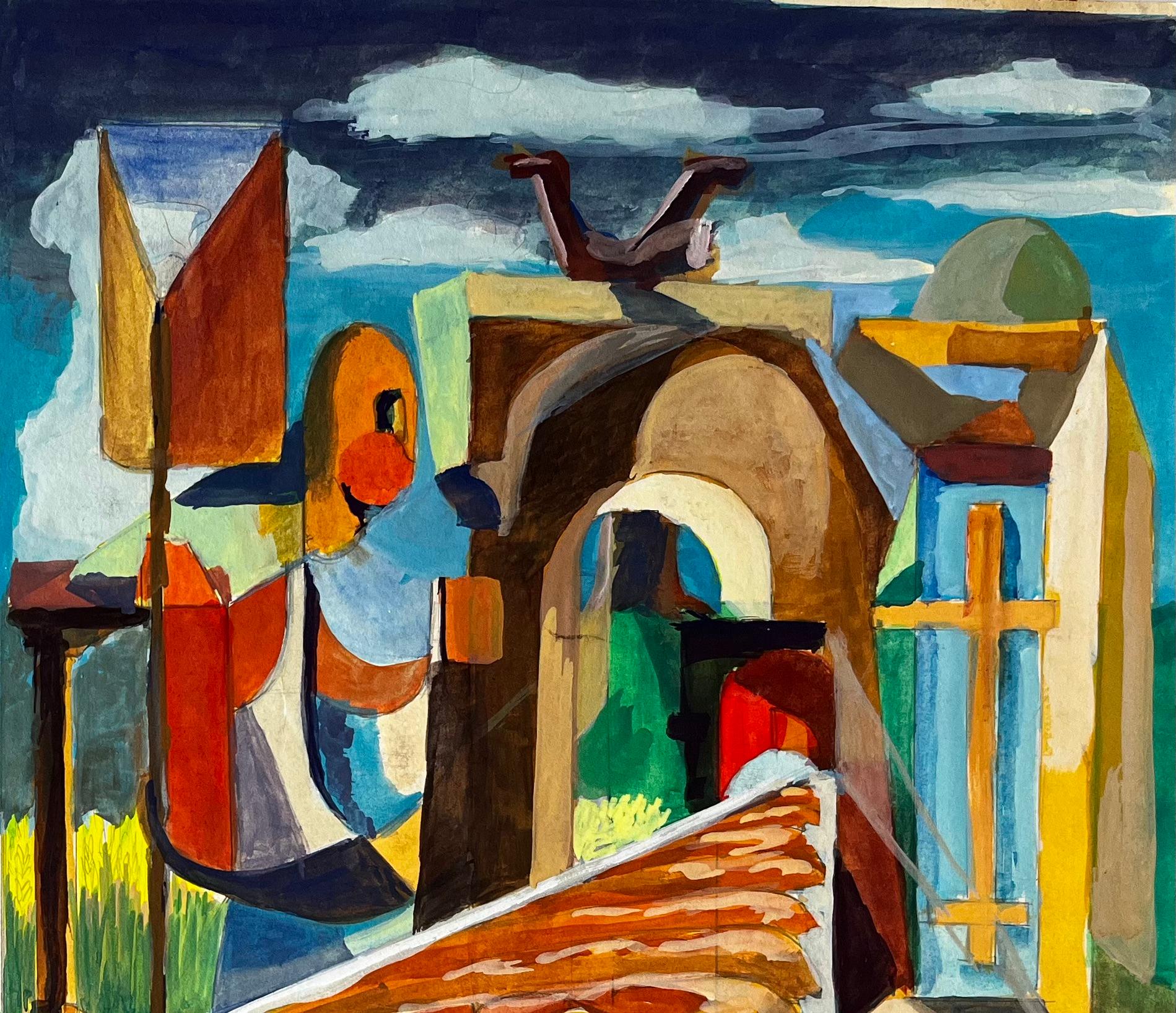 Paysage cubiste et scène architecturale avec figures et arcs - Noir Abstract Drawing par Guy Nicod