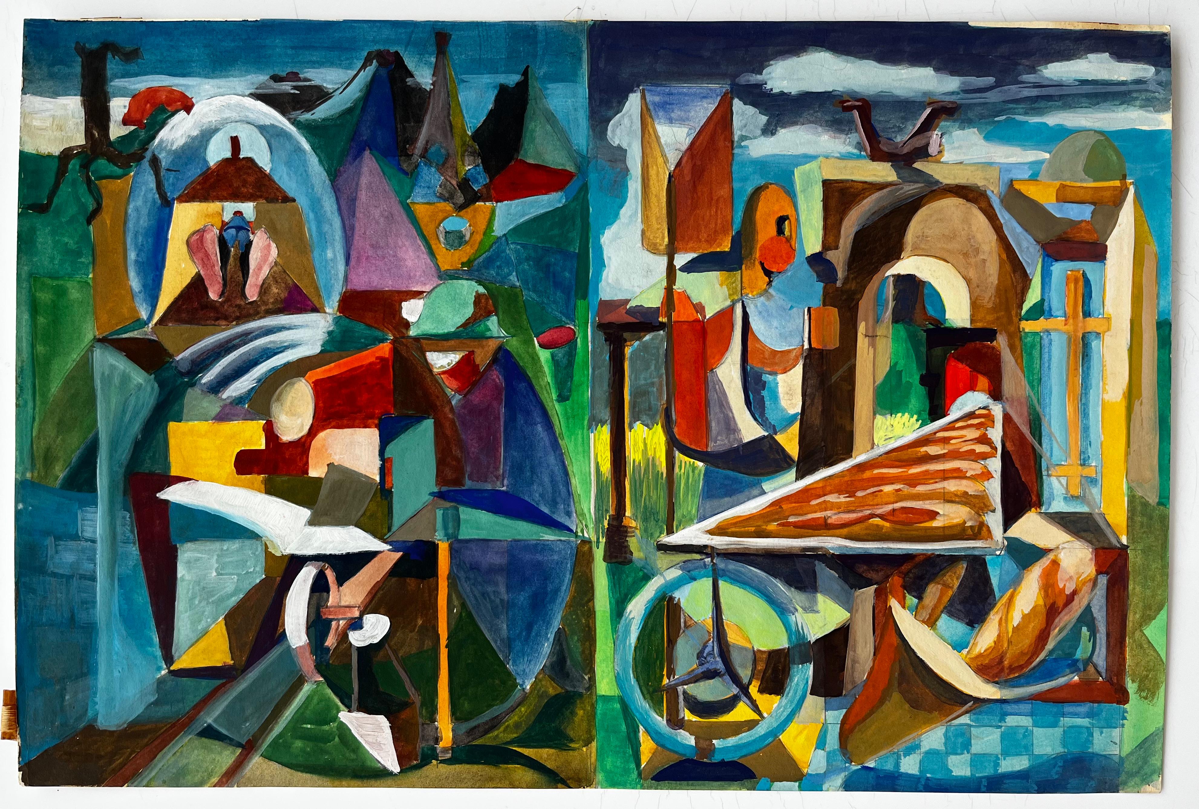 Paysage cubiste et scène architecturale avec figures et arcs - Art de Guy Nicod