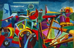 Cubist Aviation And Musical Scene With Airplanes Instruments And Abstract Figure