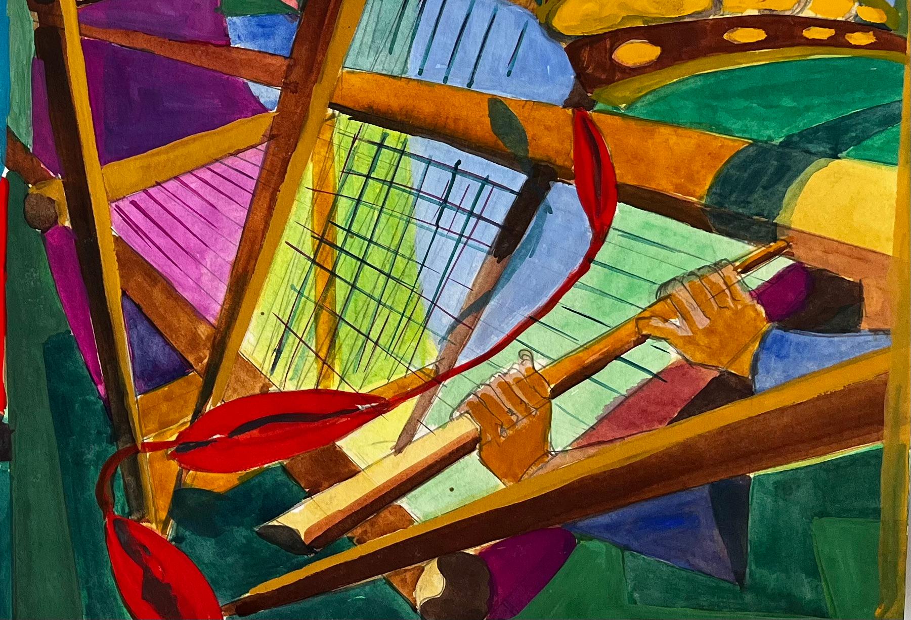 Cubist Aviation And Musical Scene With Airplanes Instruments And Abstract Figure - Modern Art by Guy Nicod