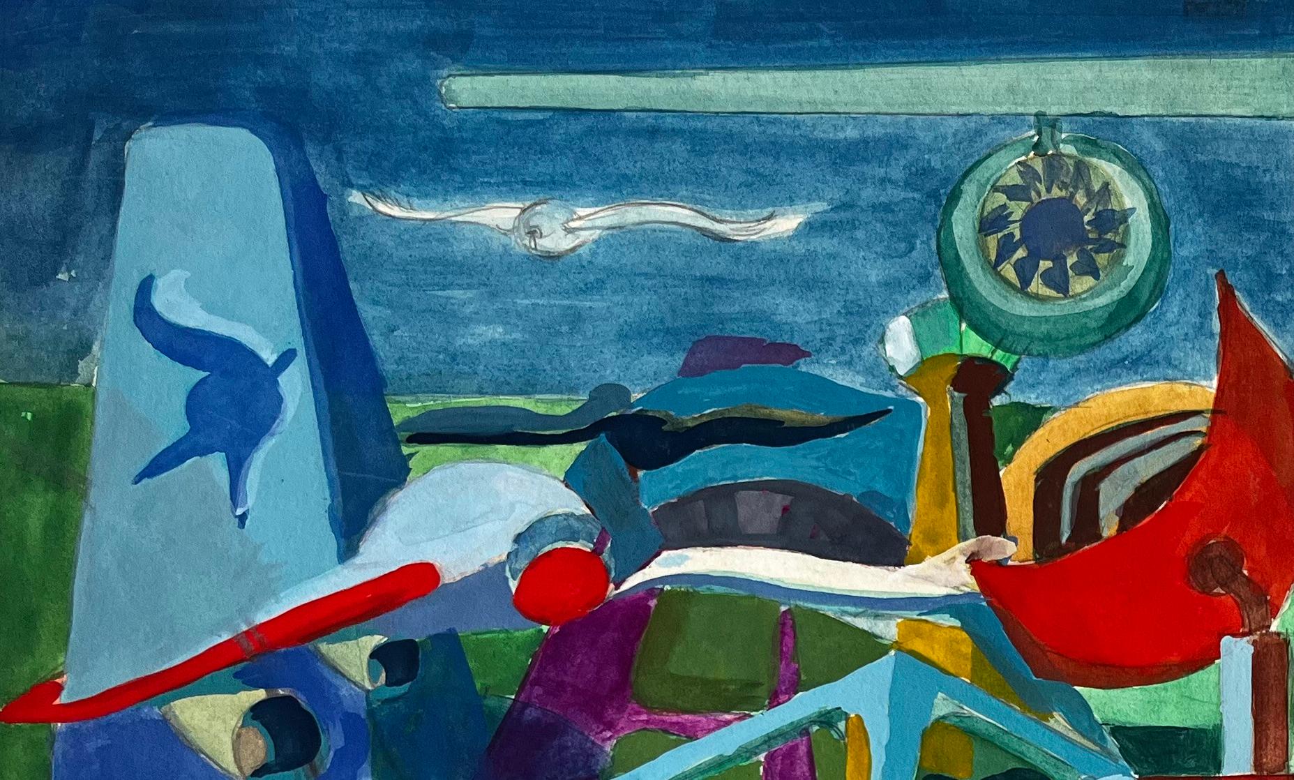Cubist Aviation And Musical Scene With Airplanes Instruments And Abstract Figure For Sale 1