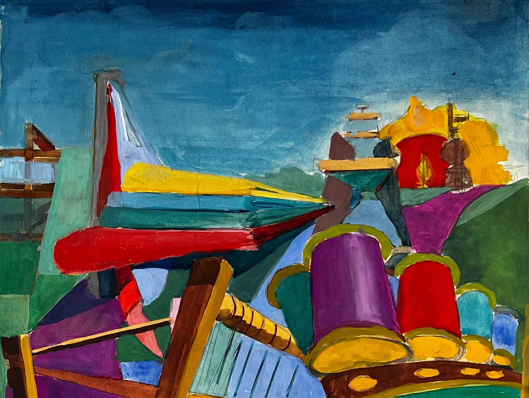Title: Cubist Aviation And Musical Scene With Airplanes Instruments And Abstract Figure
Guy Nicod (French 1923 - 2021) 
Gouache on artist paper, unframed
Size: 14.5 x 21.75 inches (height x width)
Provenance: Artists estate, France
Condition: Good –