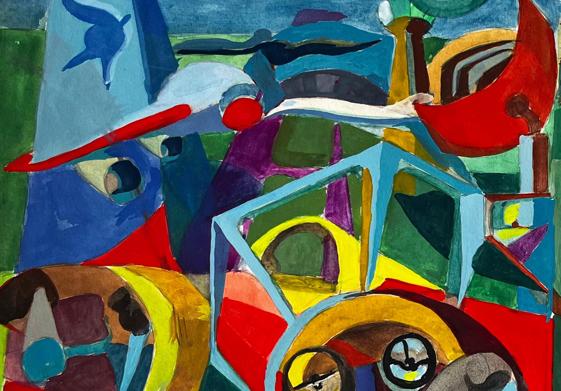 Cubist Aviation And Musical Scene With Airplanes Instruments And Abstract Figure For Sale 2