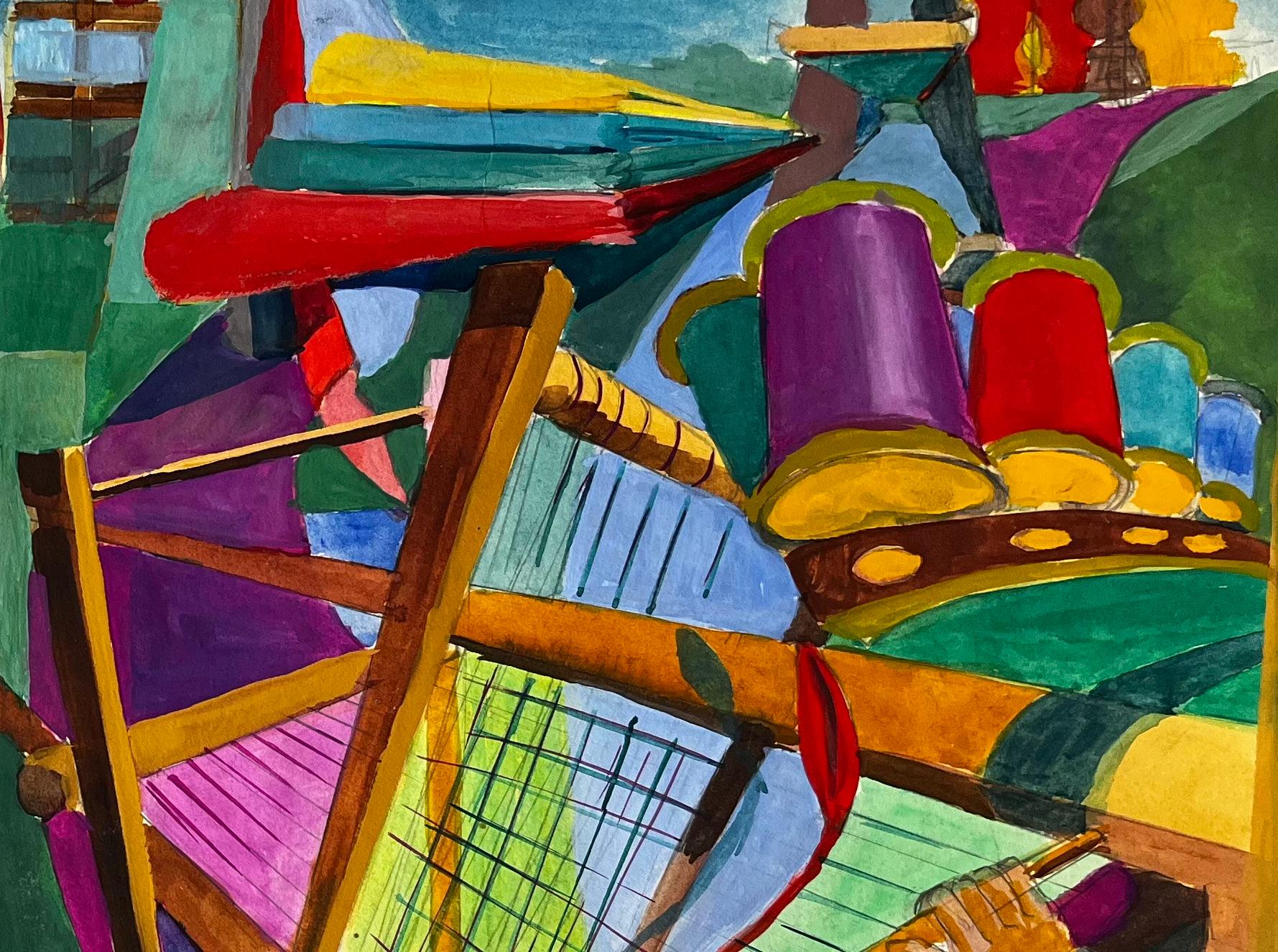 Cubist Aviation And Musical Scene With Airplanes Instruments And Abstract Figure - Black Abstract Drawing by Guy Nicod
