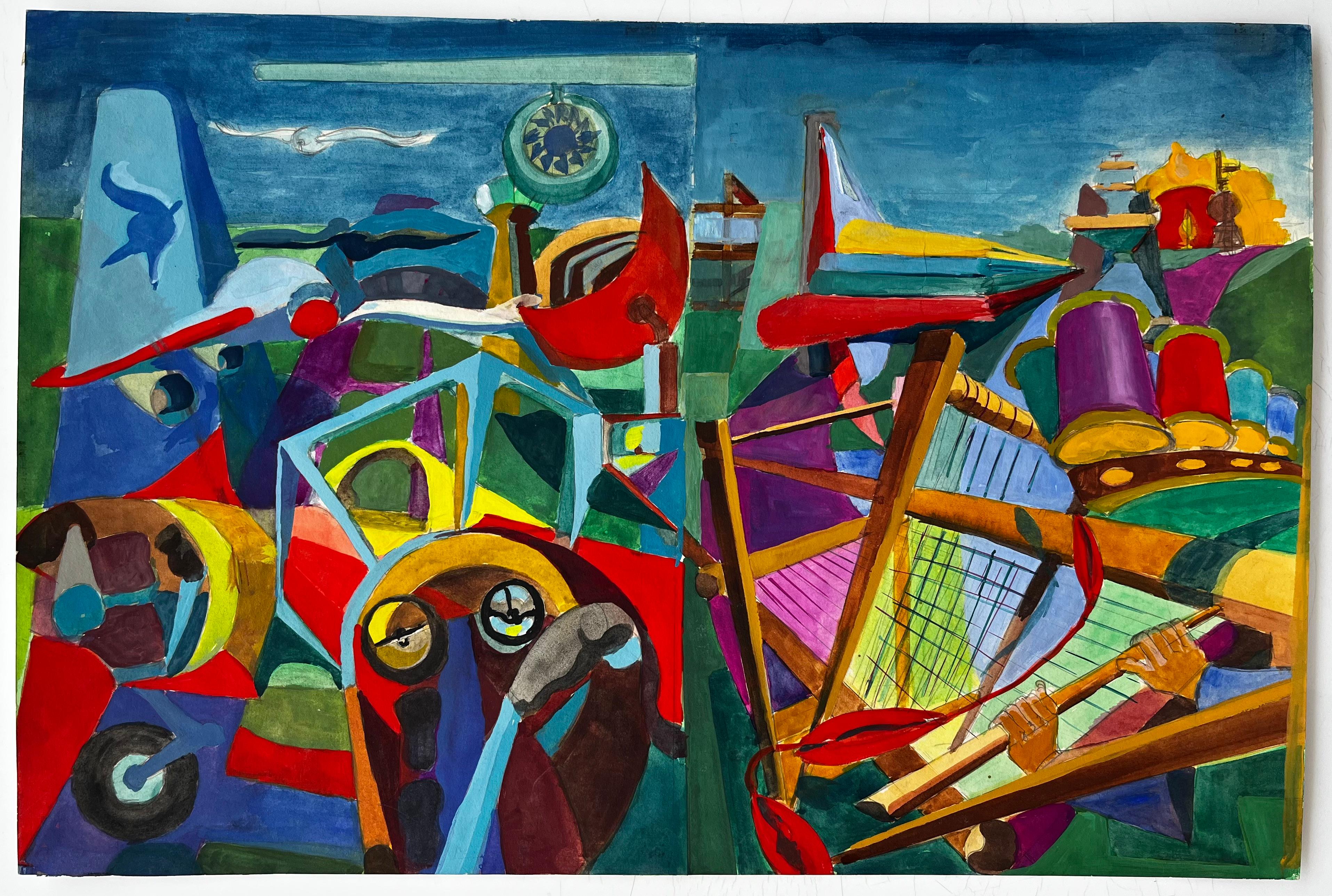 Cubist Aviation And Musical Scene With Airplanes Instruments And Abstract Figure - Art by Guy Nicod