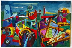 Cubist Aviation And Musical Scene With Airplanes Instruments And Abstract Figure