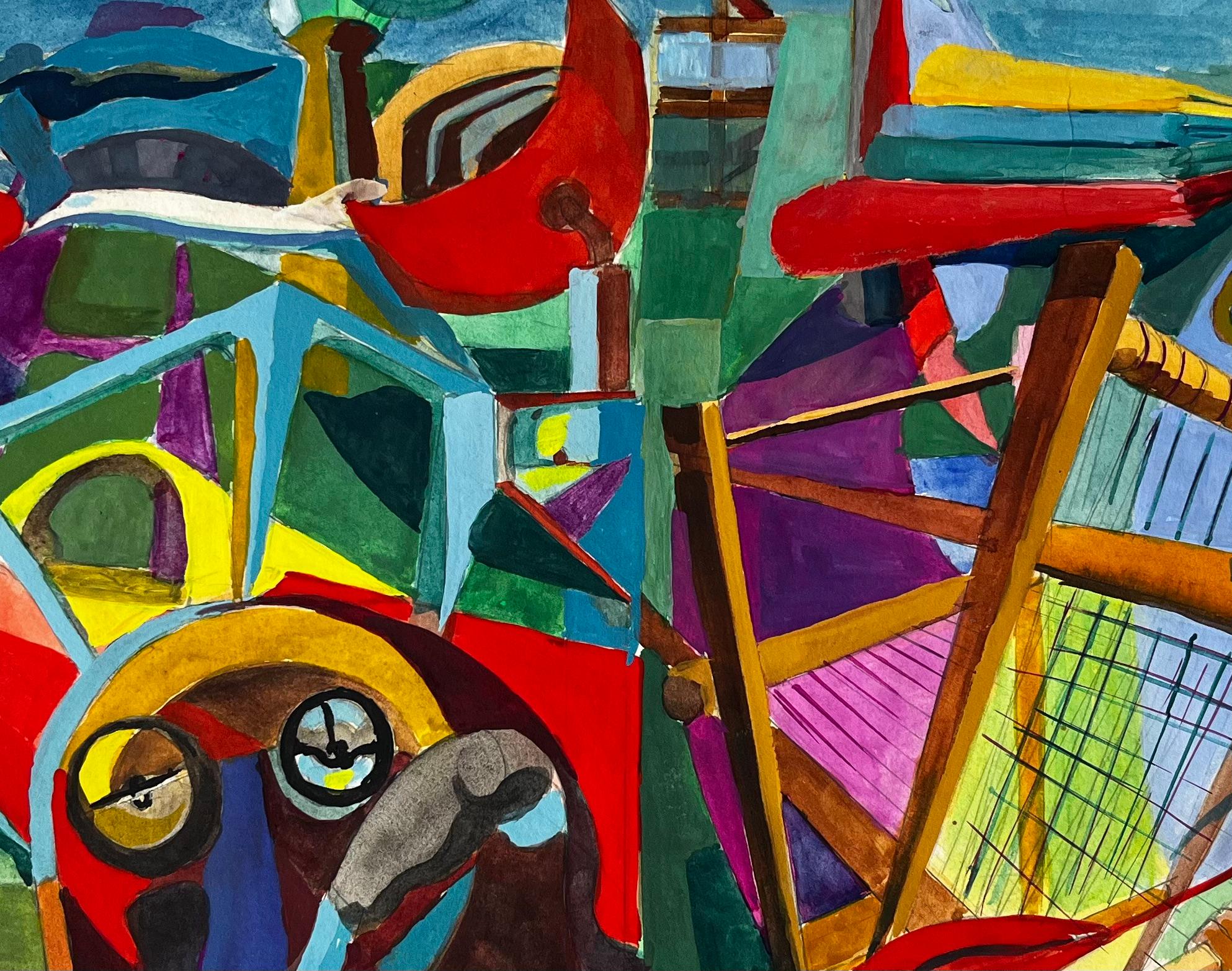Cubist Aviation And Musical Scene With Airplanes Instruments And Abstract Figure For Sale 4