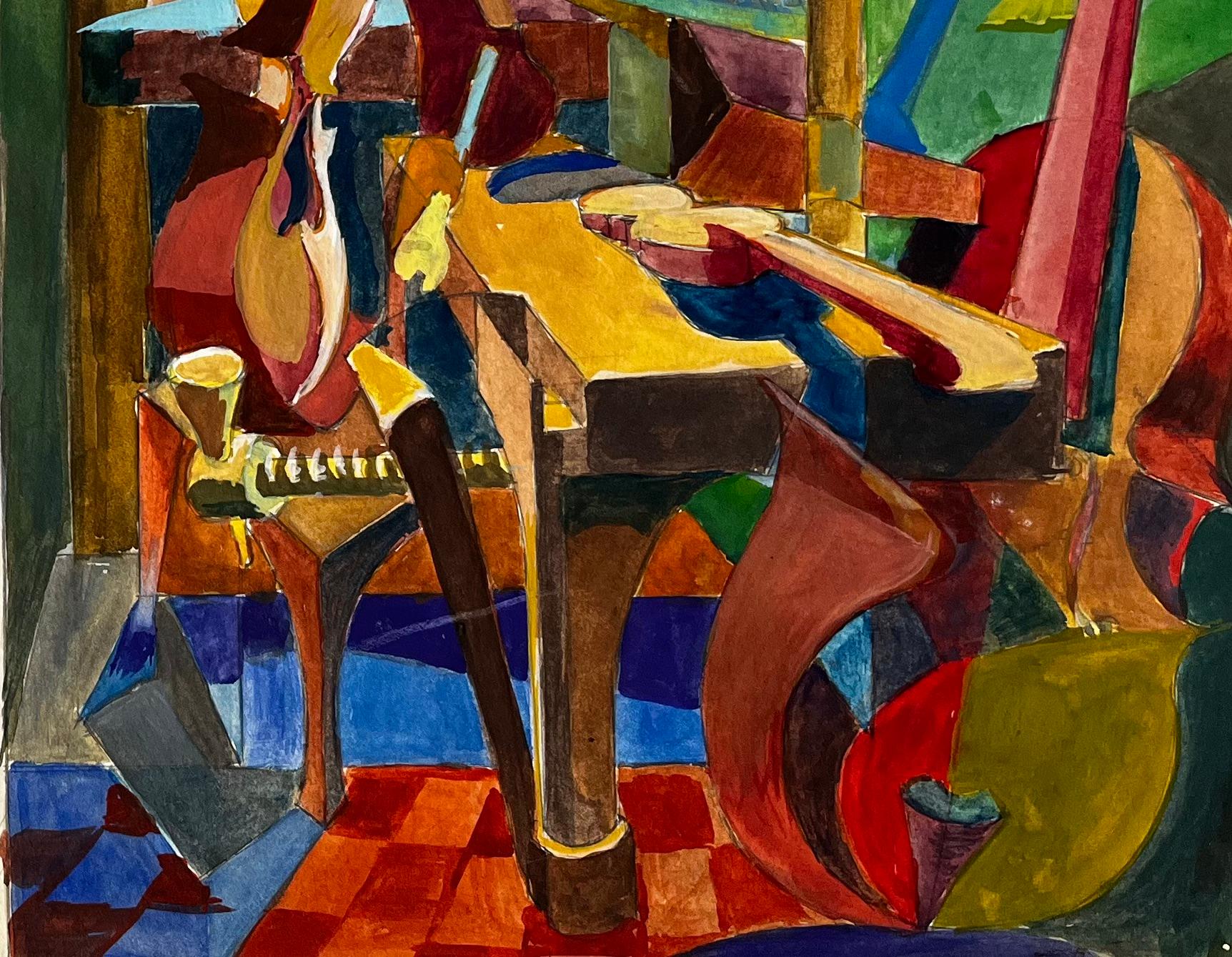 Scène d'intérieur cubiste avec instruments de musique et nature morte - Moderne Art par Guy Nicod