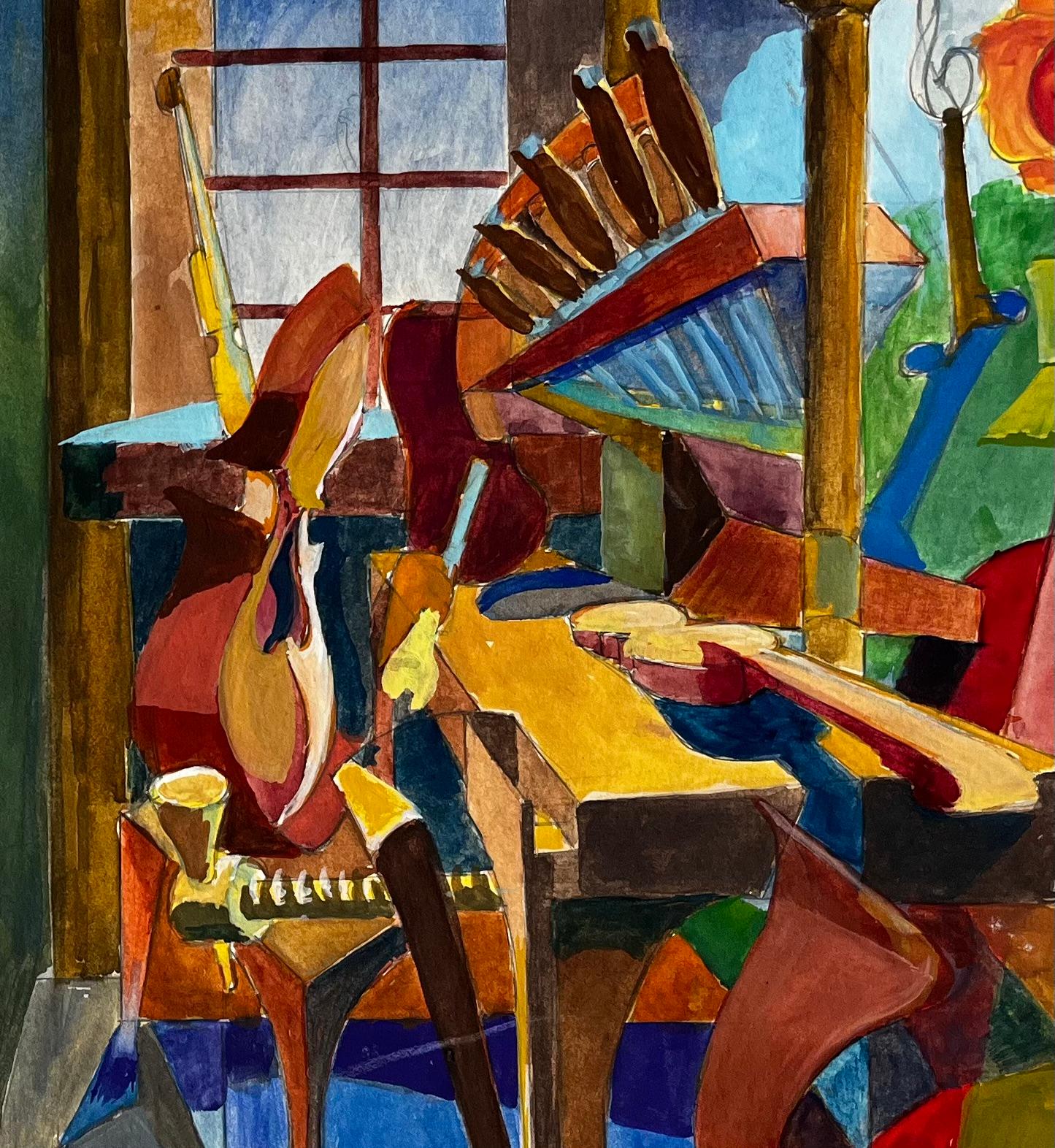 Titre : Scène d'intérieur cubiste avec instruments de musique et nature morte
Guy Nicod (français 1923 - 2021) 
Gouache sur papier d'artiste, non encadrée
Taille : 14.5 x 21.75 pouces (hauteur x largeur)
Provenance : Succession d'Artistics,