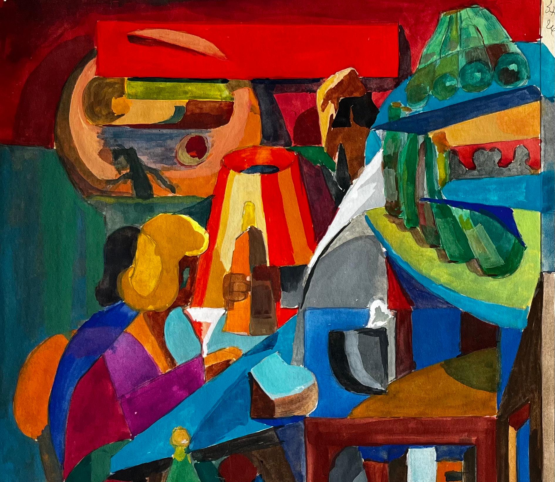 Scène d'intérieur cubiste avec instruments de musique et nature morte en vente 1