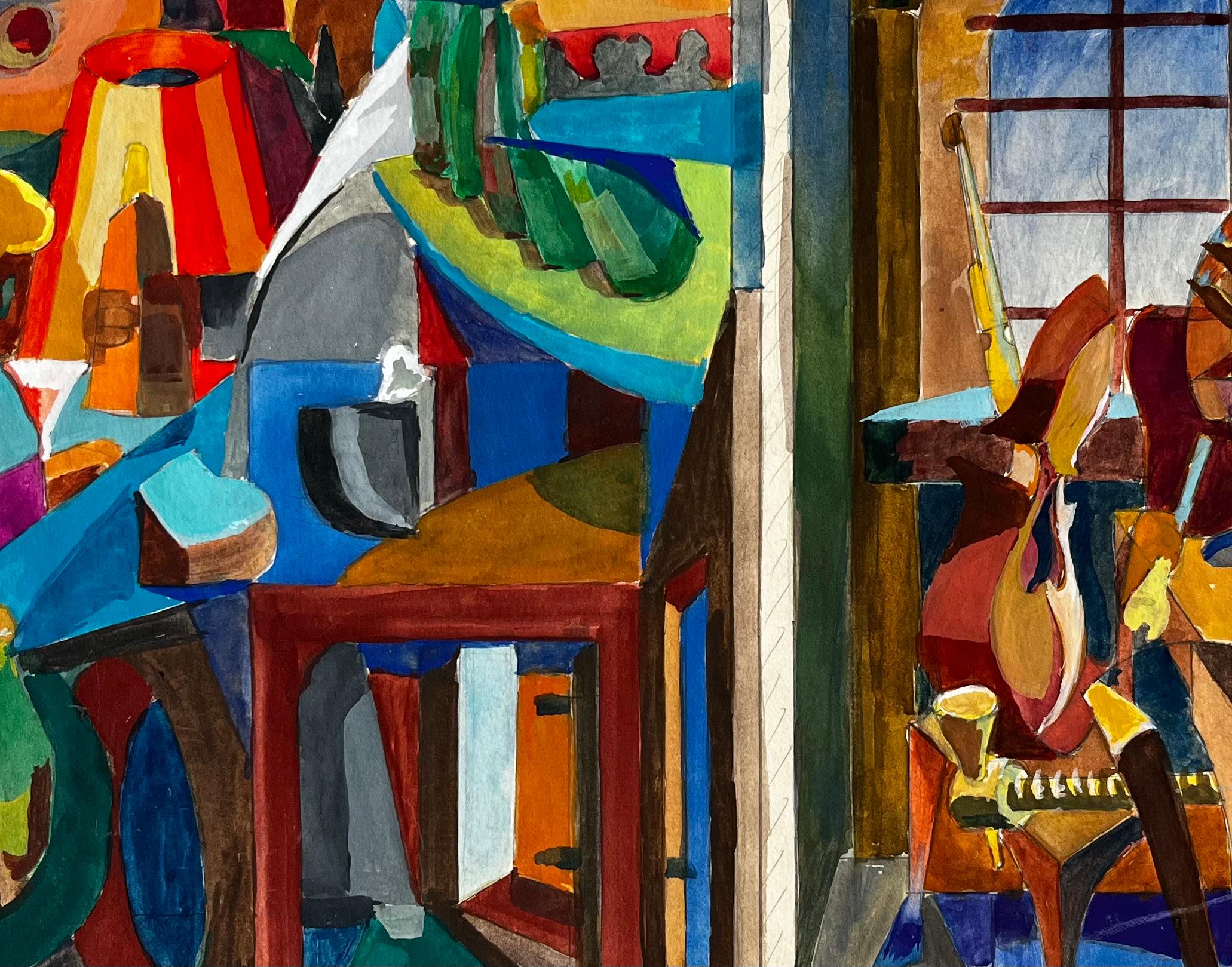 Scène d'intérieur cubiste avec instruments de musique et nature morte en vente 3
