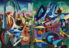 Cubist Workshop And Architectural Scene With Tools And Abstract Figures