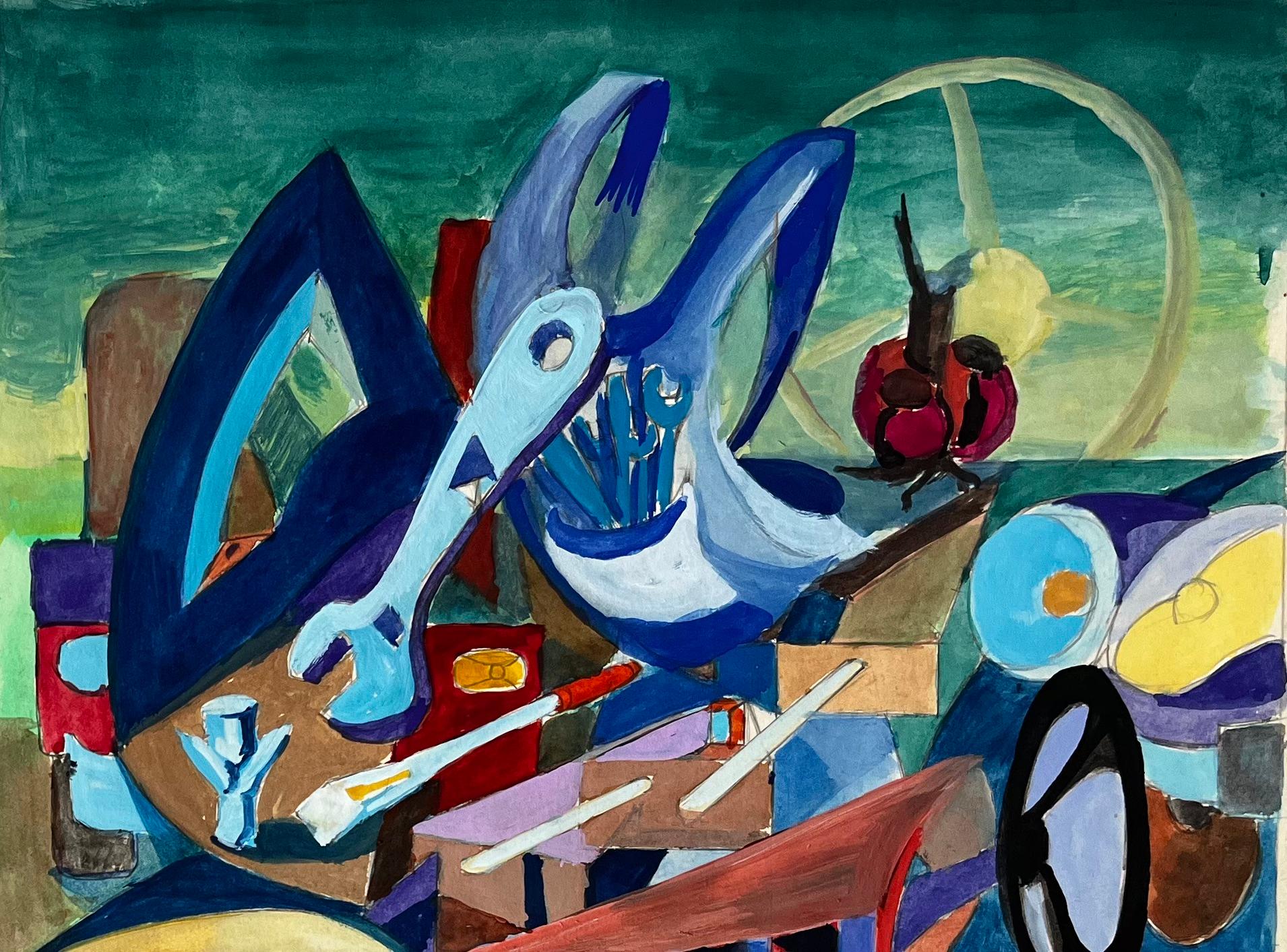 Titre : Atelier cubiste et scène architecturale avec outils et figures abstraites
Guy Nicod (français 1923 - 2021) 
Gouache sur papier d'artiste, non encadrée
Taille : 15 x 21,5 pouces (hauteur x largeur)
Provenance : Succession d'Artistics,