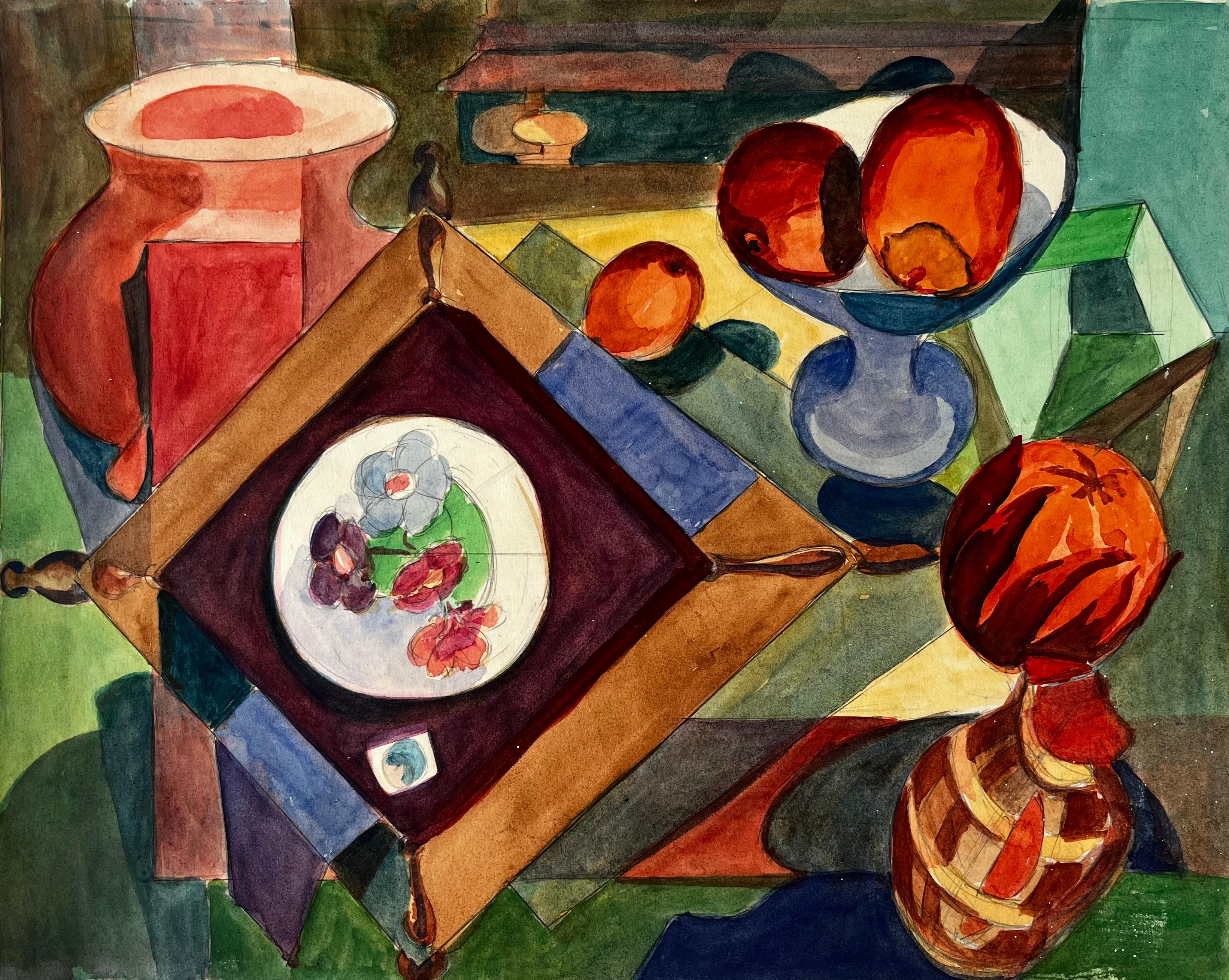 Nature morte abstraite cubiste avec vase, fruits et assiette décorative