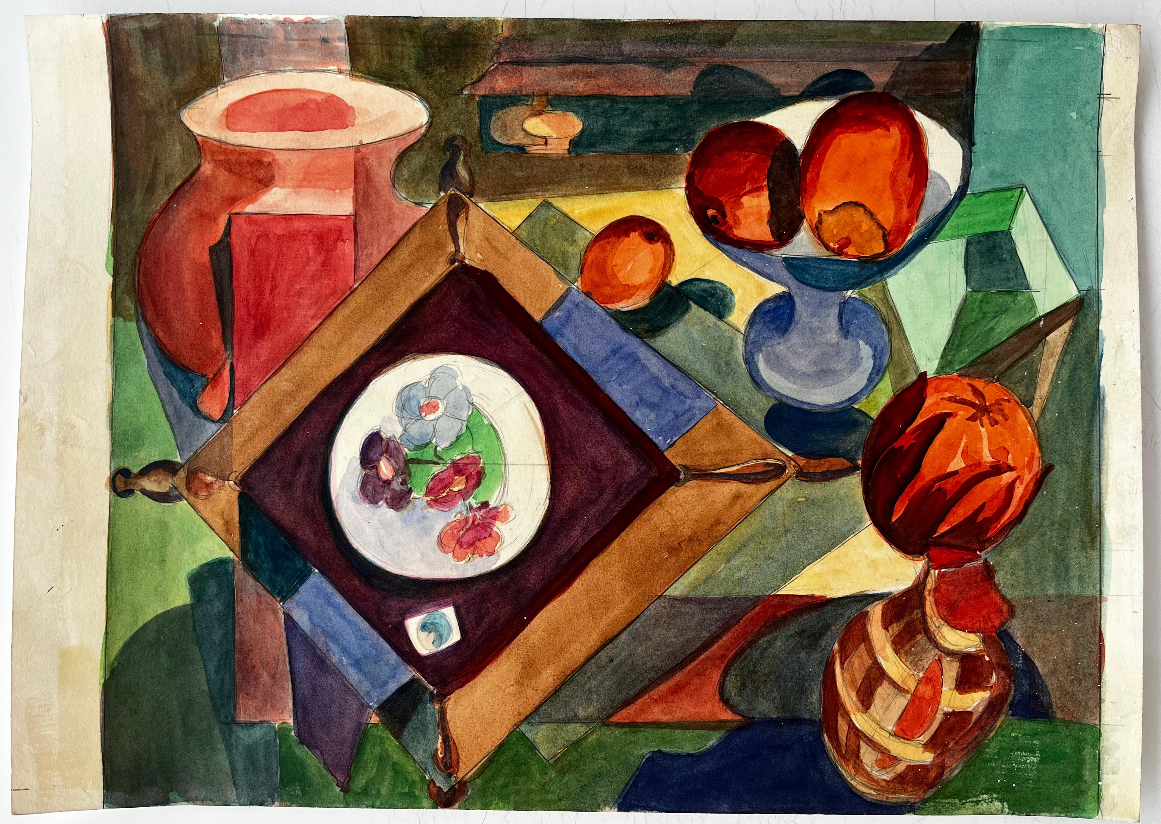 Kubistisches abstraktes Stillleben mit Vase, Obst und dekorativem Teller – Art von Guy Nicod