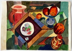 Cubist Abstract Still Life With Vase Fruit And Decorative Plate