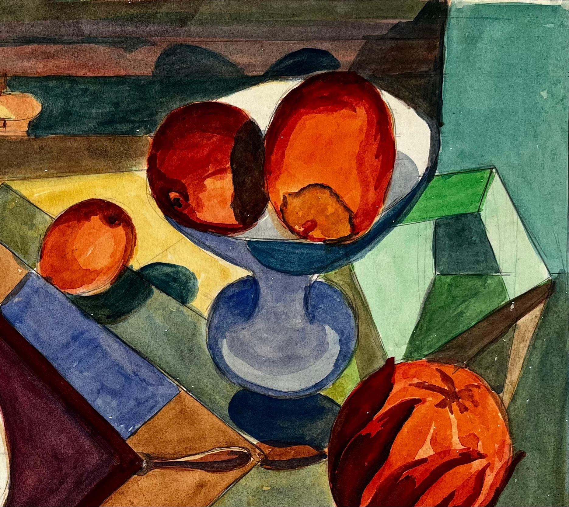 Kubistisches abstraktes Stillleben mit Vase, Obst und dekorativem Teller (Schwarz), Abstract Drawing, von Guy Nicod