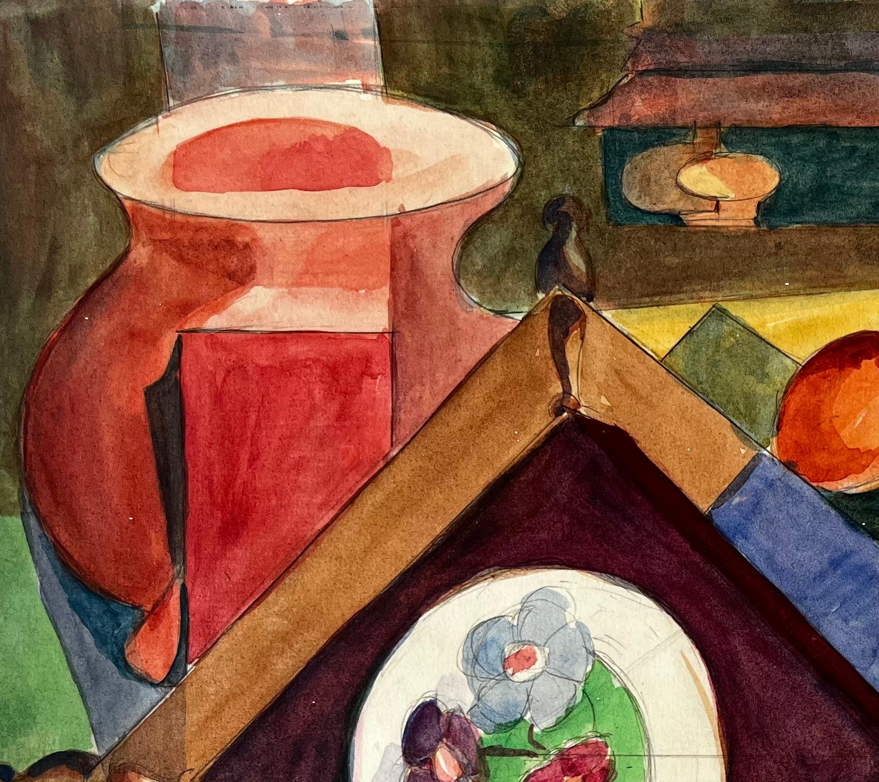 Kubistisches abstraktes Stillleben mit Vase, Obst und dekorativem Teller im Angebot 1