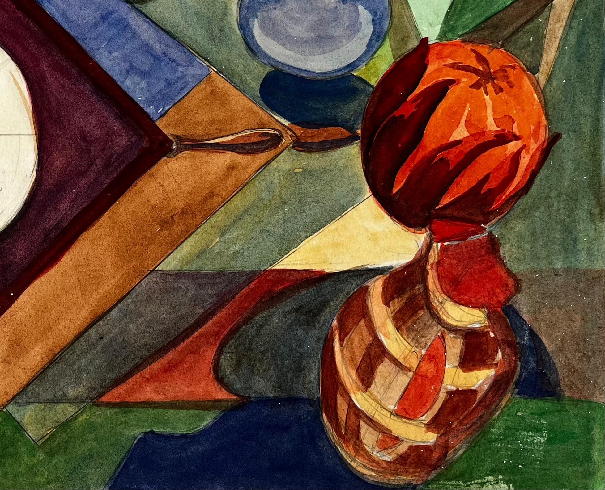 Kubistisches abstraktes Stillleben mit Vase, Obst und dekorativem Teller (Moderne), Art, von Guy Nicod