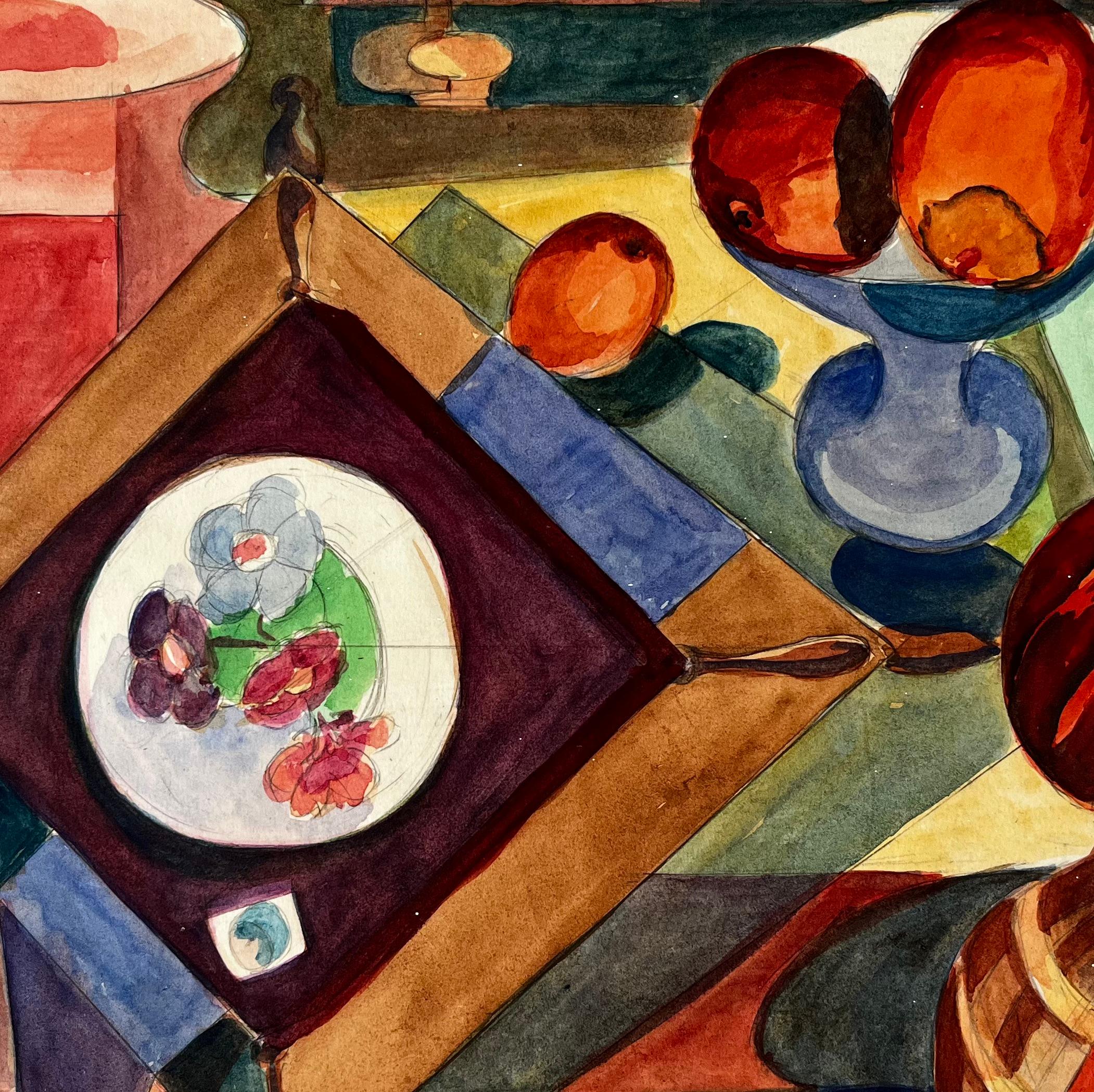 Kubistisches abstraktes Stillleben mit Vase, Obst und dekorativem Teller im Angebot 2