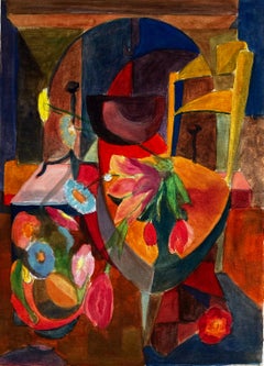 Natura morta cubista con fiori, vaso, sedia e libro Gouache modernista francese