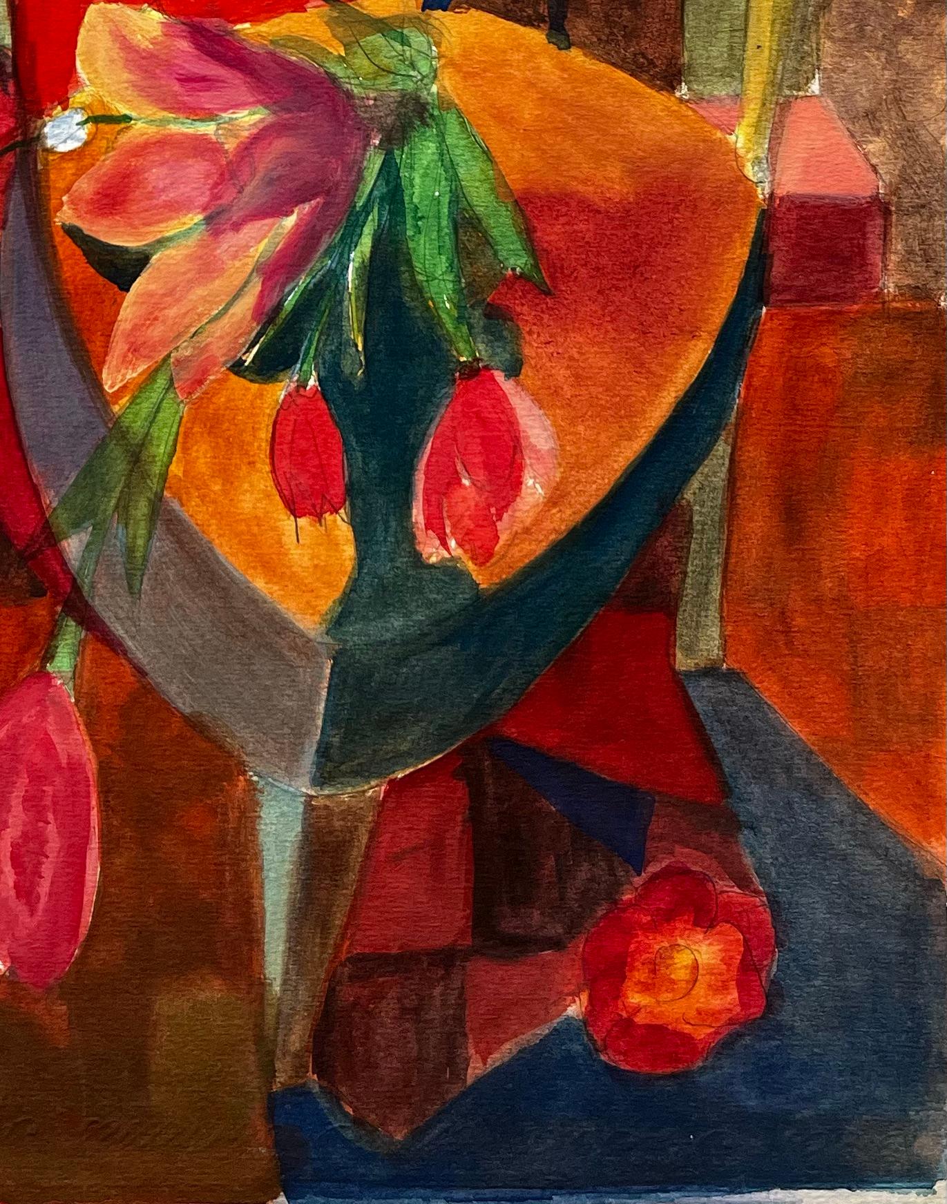 Natura morta cubista con fiori, vaso, sedia e libro Gouache modernista francese - Art di Guy Nicod