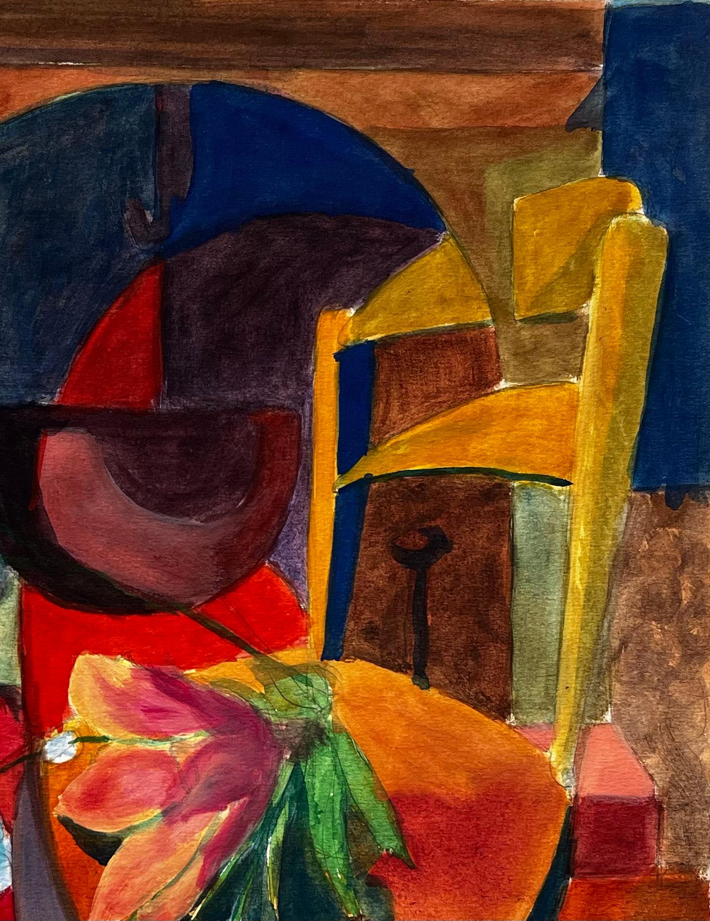 Natura morta cubista con fiori, vaso, sedia e libro Gouache modernista francese - Art Moderno di Guy Nicod