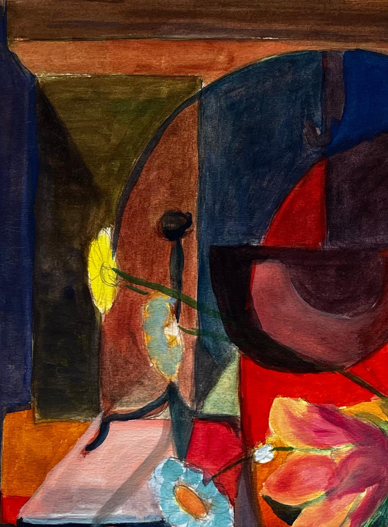 Titolo: Natura morta cubista con fiori, vaso, sedia e libro Gouache modernista francese
Guy Nicod (francese, 1923 - 2021) 
Guazzo su carta d'artista, senza cornice
Dimensioni: 19,75 x 11,75 pollici (altezza x larghezza)
Provenienza: Proprietà di