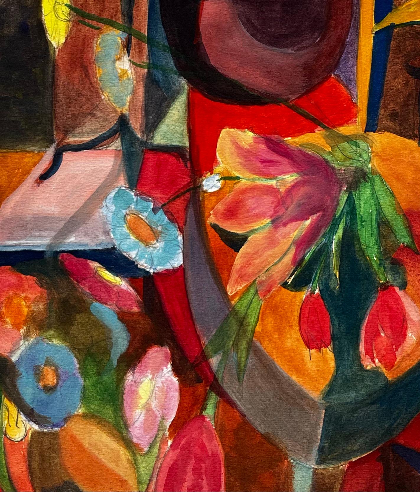 Natura morta cubista con fiori, vaso, sedia e libro Gouache modernista francese in vendita 2