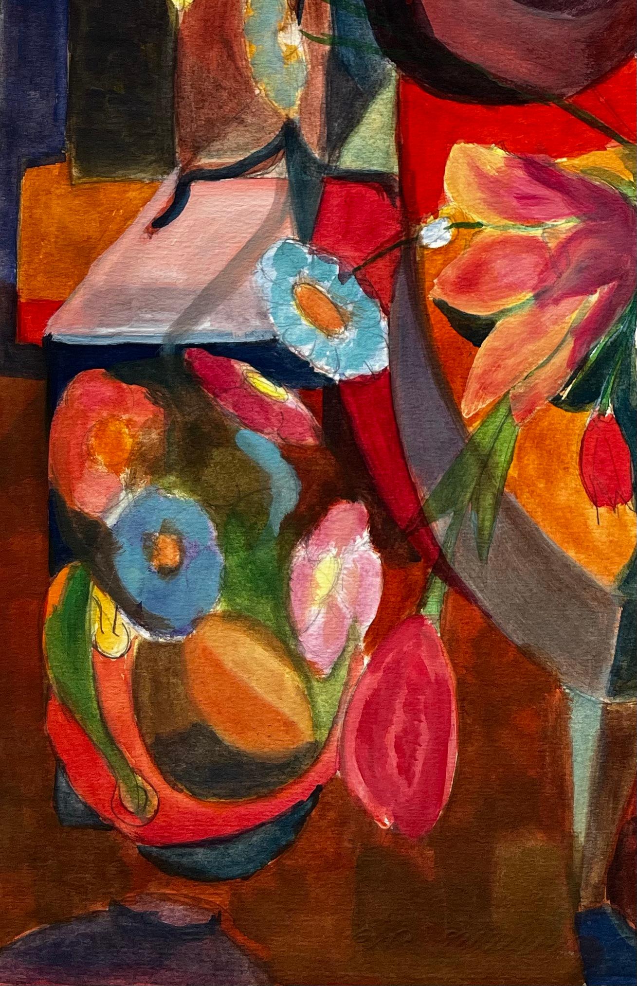 Natura morta cubista con fiori, vaso, sedia e libro Gouache modernista francese in vendita 1