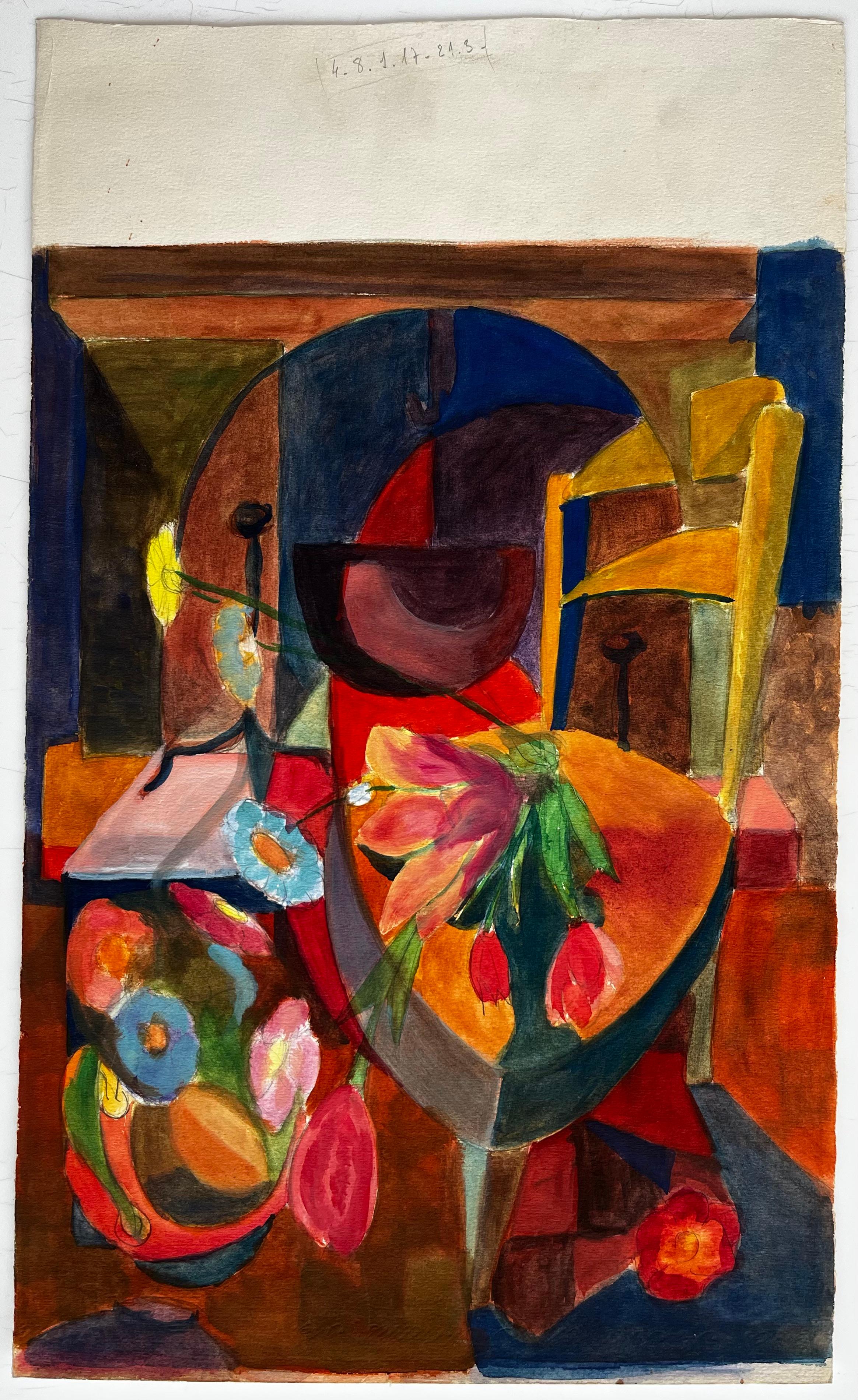 Natura morta cubista con fiori, vaso, sedia e libro Gouache modernista francese - Abstract Drawing Marrone di Guy Nicod