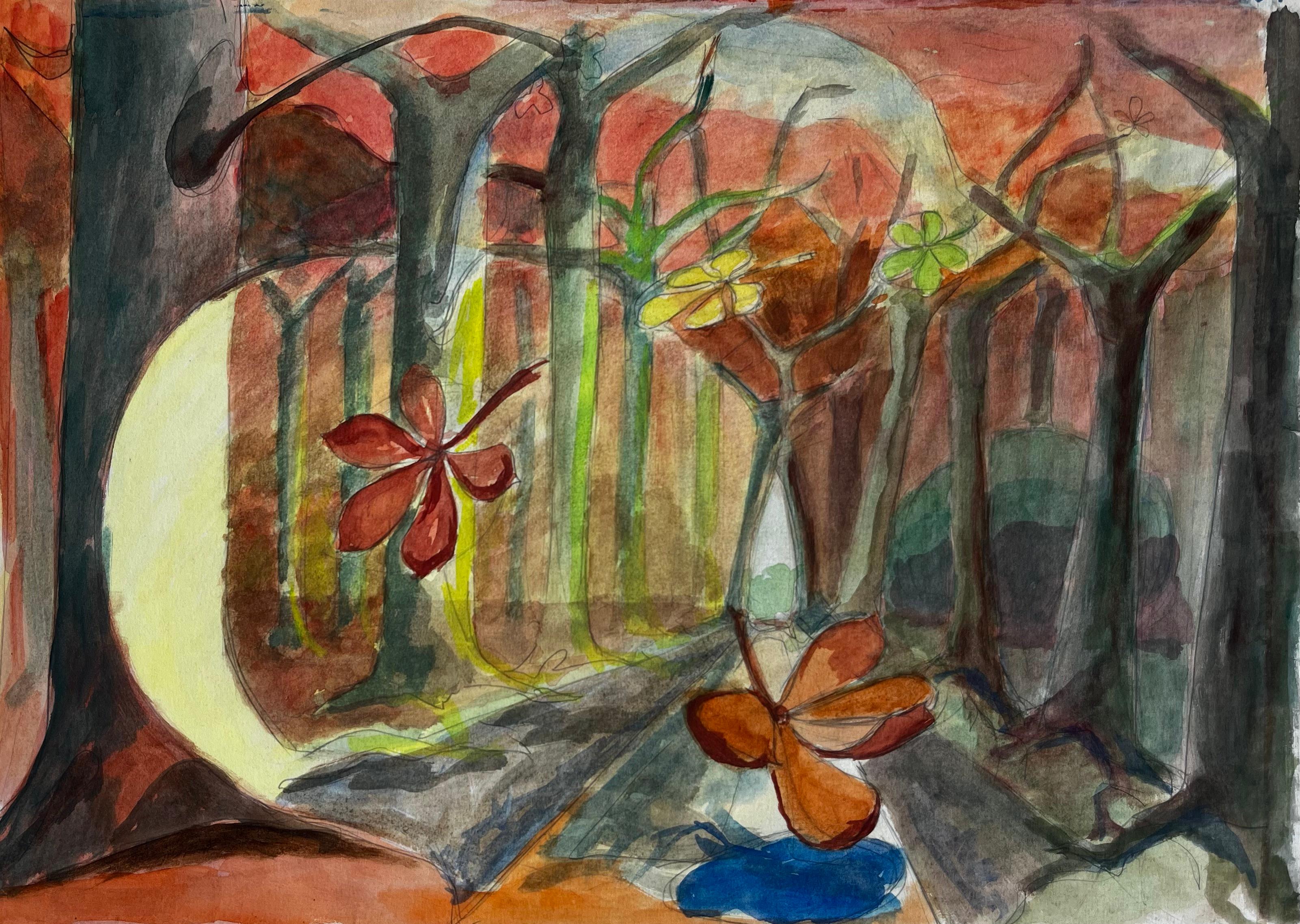 Guy Nicod Landscape Art - Cubist Gouache Autumn Forest Landscape With Trees And Falling Leaves