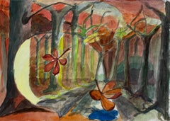 Gouache cubista Paesaggio autunnale con alberi e foglie cadenti