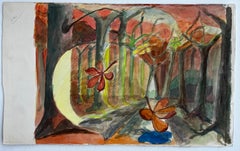 Cubist Gouache Autumn Forest Landscape With Trees And Falling Leaves