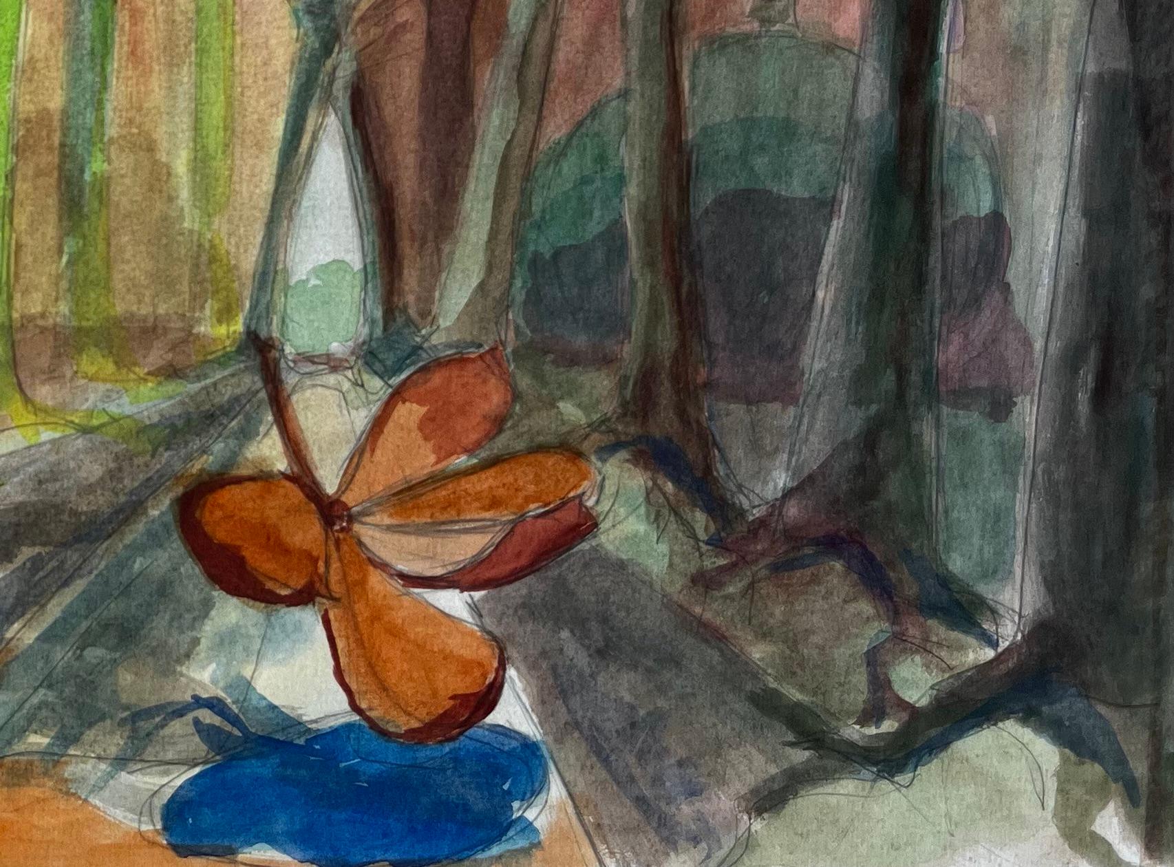 Cubist Gouache Autumn Forest Landscape With Trees And Falling Leaves - Modern Art by Guy Nicod