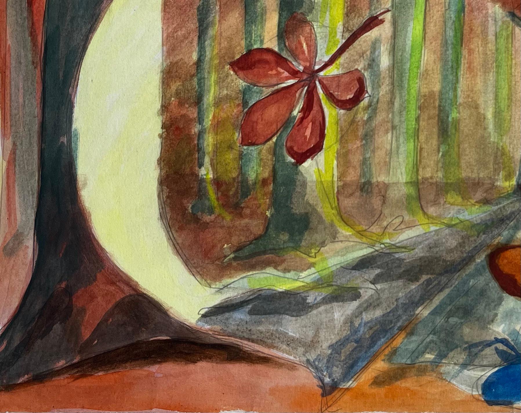 Cubist Gouache Autumn Forest Landscape With Trees And Falling Leaves - Brown Landscape Art by Guy Nicod
