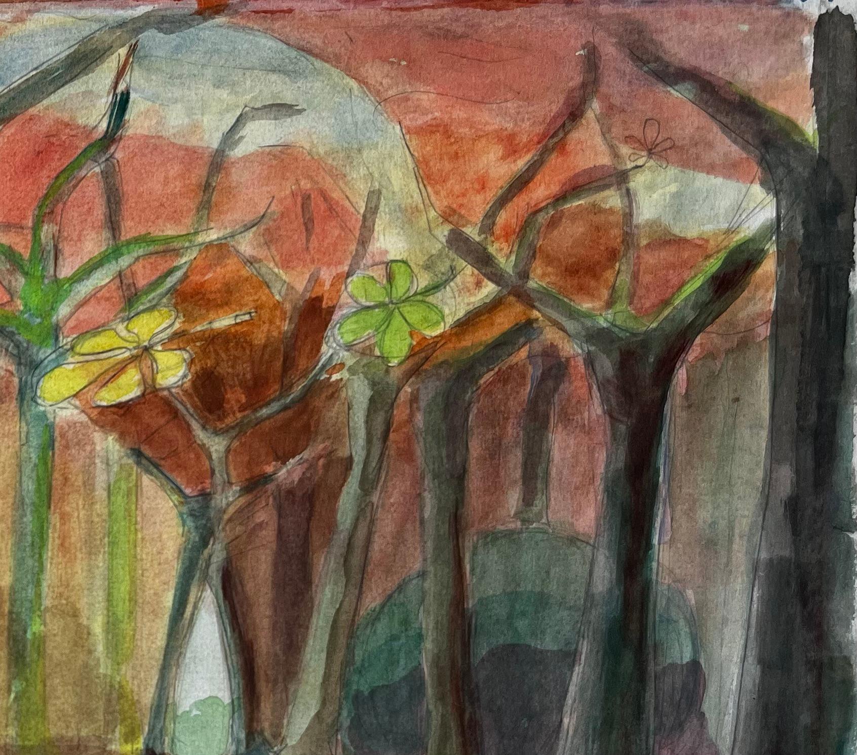 Cubist Gouache Autumn Forest Landscape With Trees And Falling Leaves For Sale 1