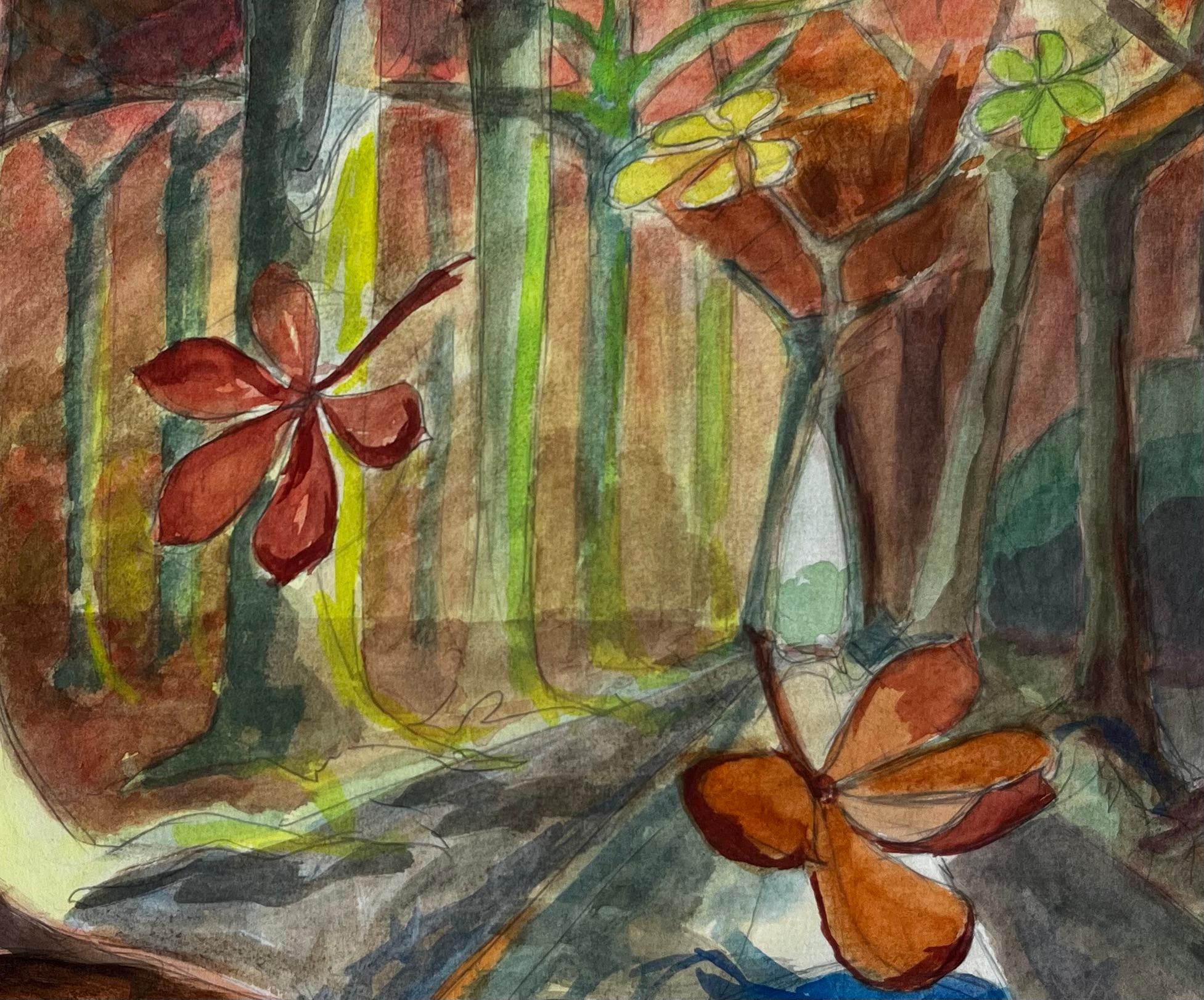 Cubist Gouache Autumn Forest Landscape With Trees And Falling Leaves For Sale 2