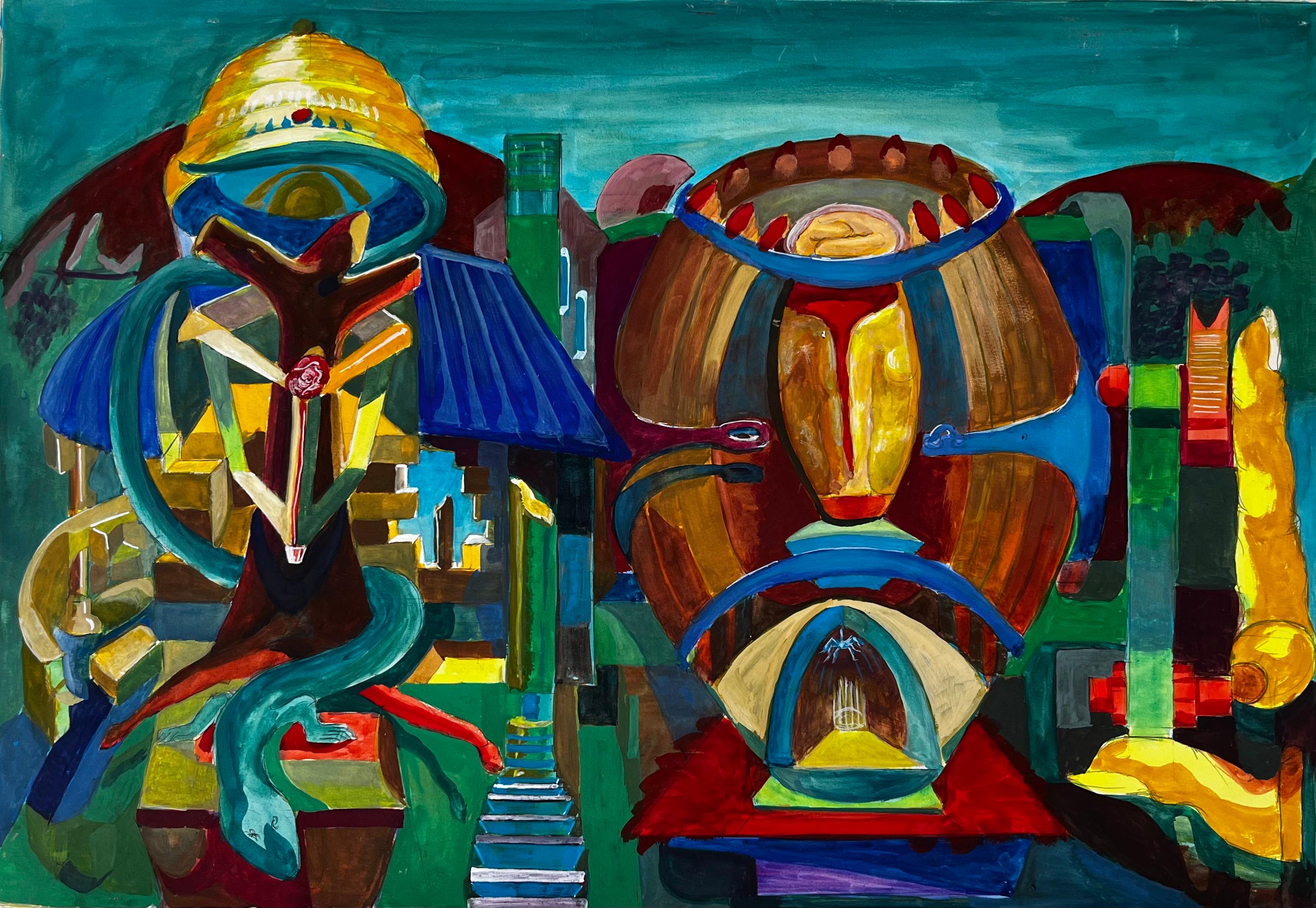 Cubist Surrealist Architectural Fantasy With Abstract Domes French Gouache