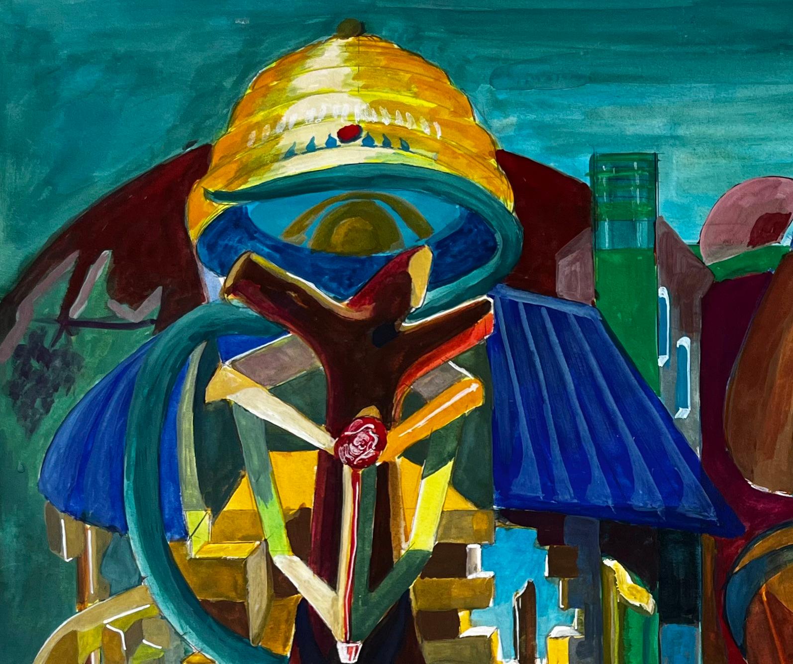Cubist Surrealist Architectural Fantasy With Abstract Domes French Gouache - Modern Art by Guy Nicod